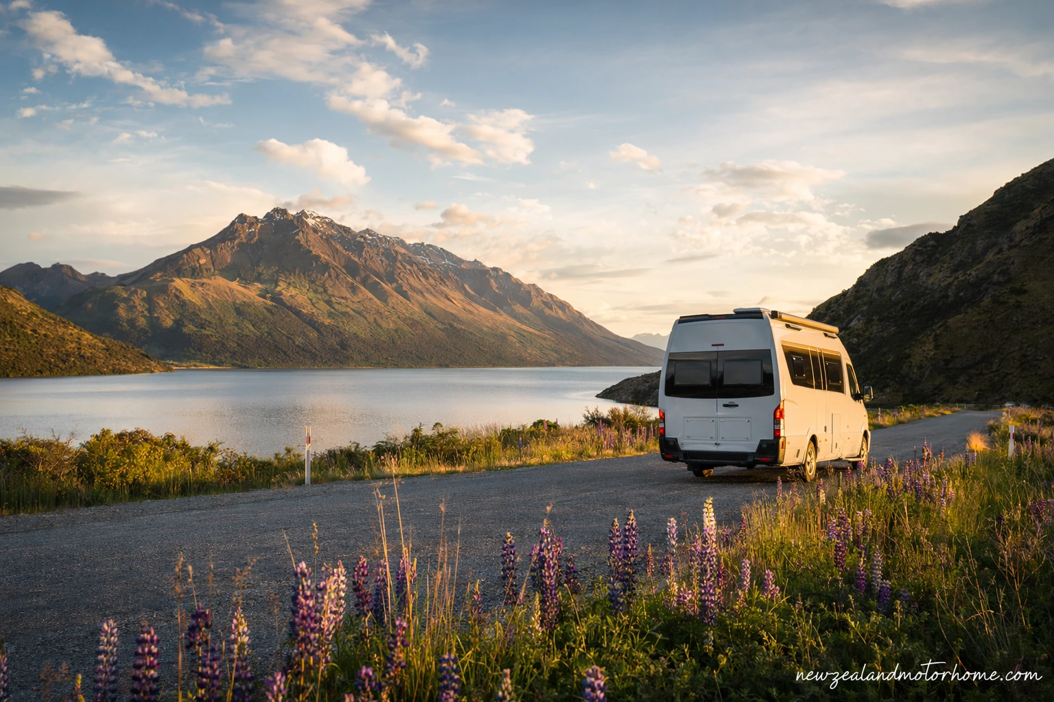 Campervan parked beside a New Zealand beach in December with summer sky and pohutukawa trees