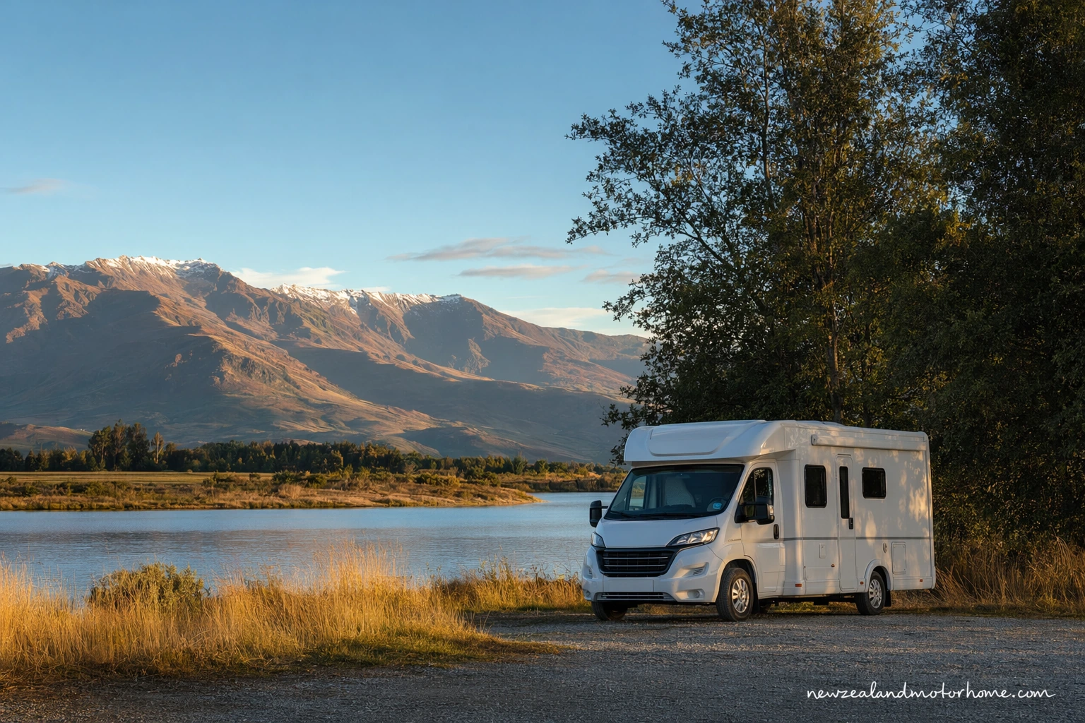 Campervan parked beside a blue New Zealand lake on a warm February evening