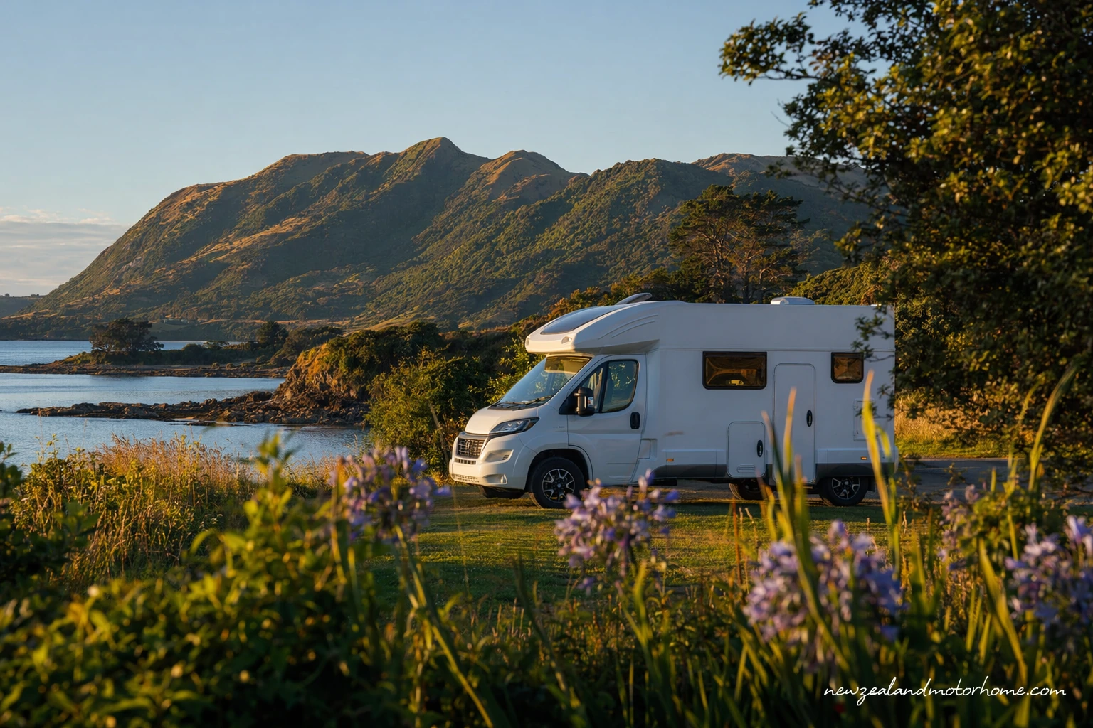 Campervan parked beside Lake Pukaki on a clear January summer day