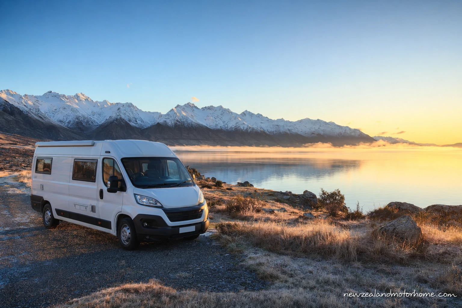 Campervan parked beside a frosty lake in the Mackenzie Country on a clear July morning