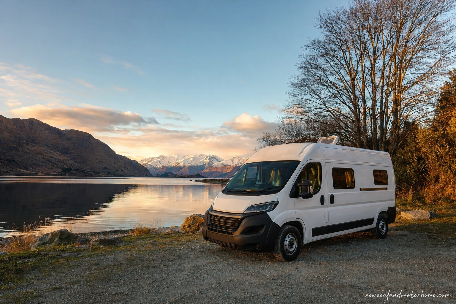 Campervan parked beside Lake Wānaka on a clear June morning with snowy mountains behind