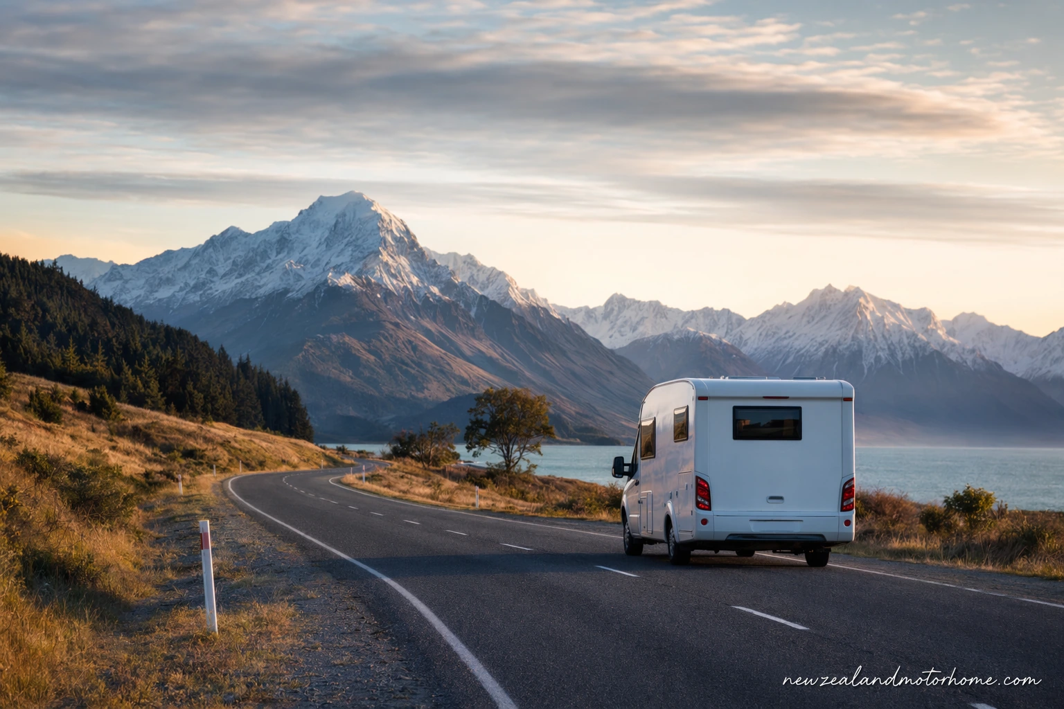 Campervan parked beside an autumn lake in Wānaka with golden trees and mountains in May