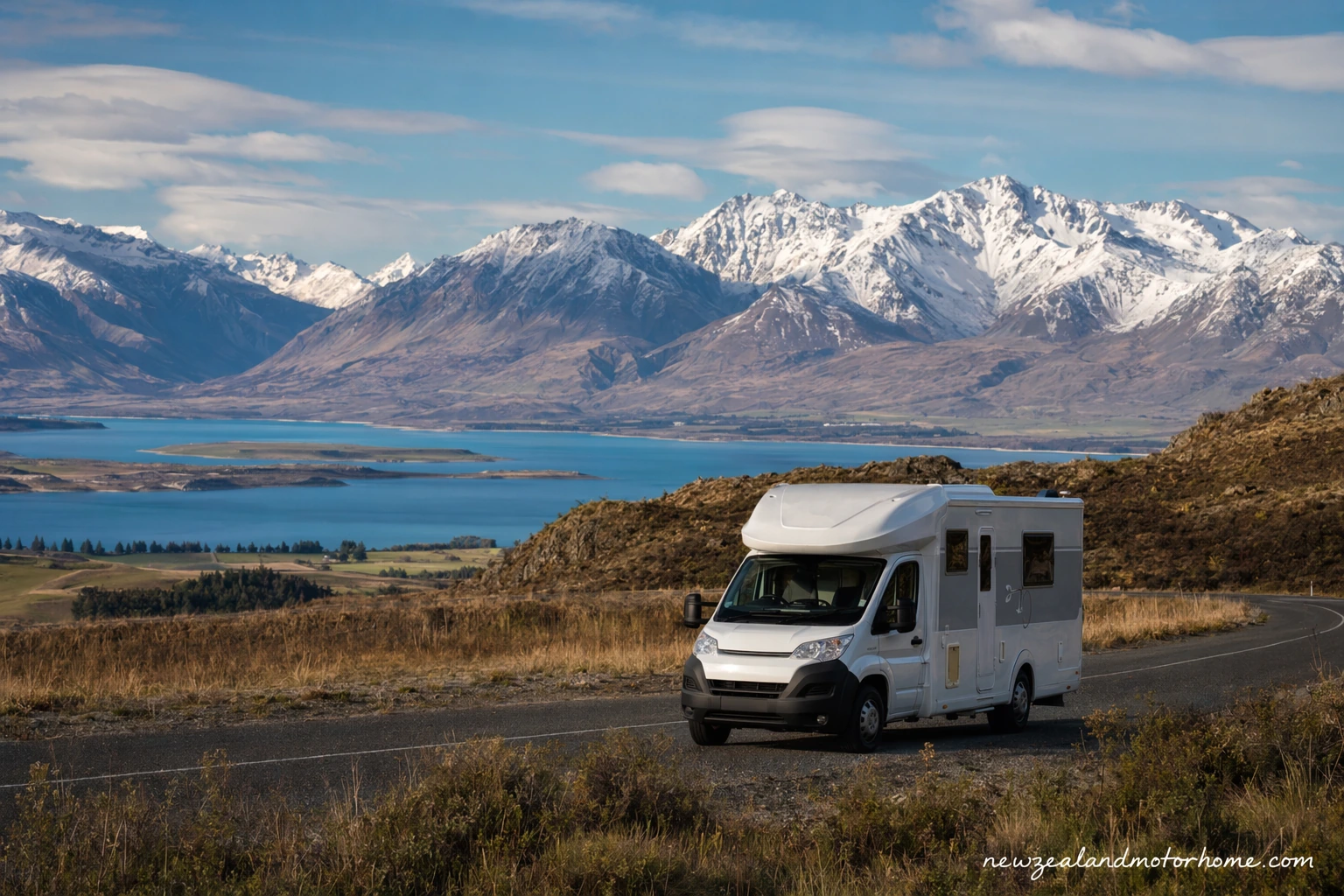 Campervan parked beside Lake Tekapo in late spring with mountains and open sky