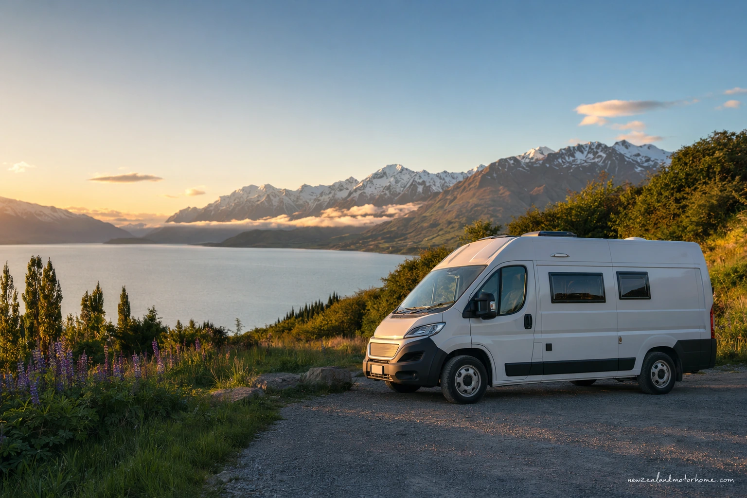 Campervan parked beside Lake Tekapō in October with spring snow on the Southern Alps