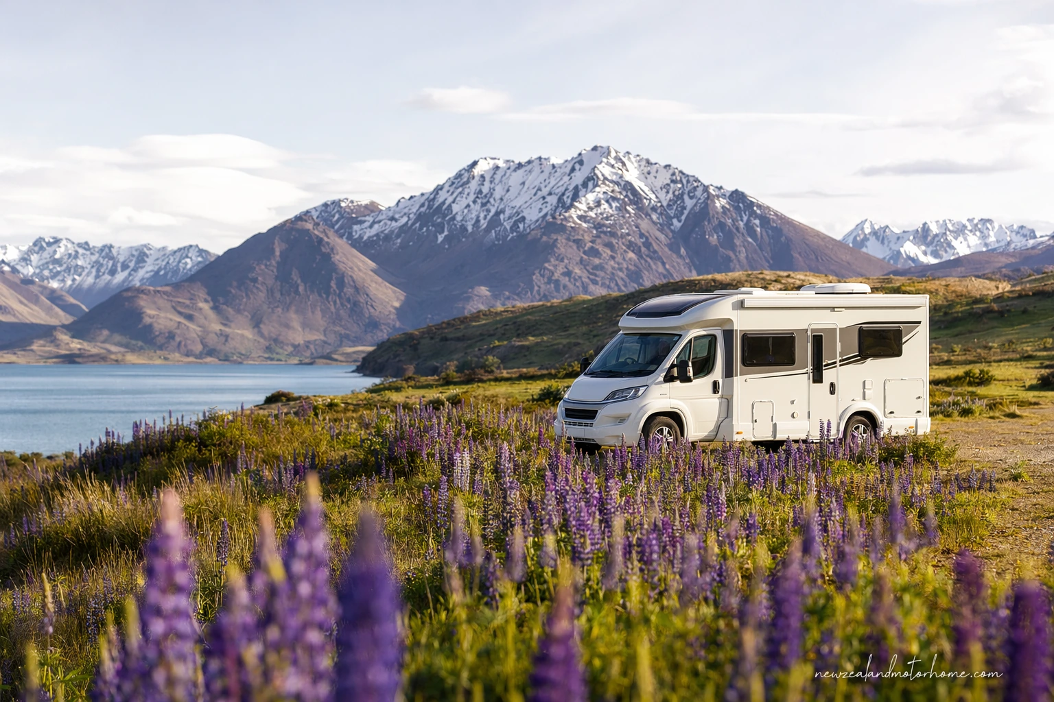 Campervan parked beside Lake Tekapo in September with snow on the Southern Alps
