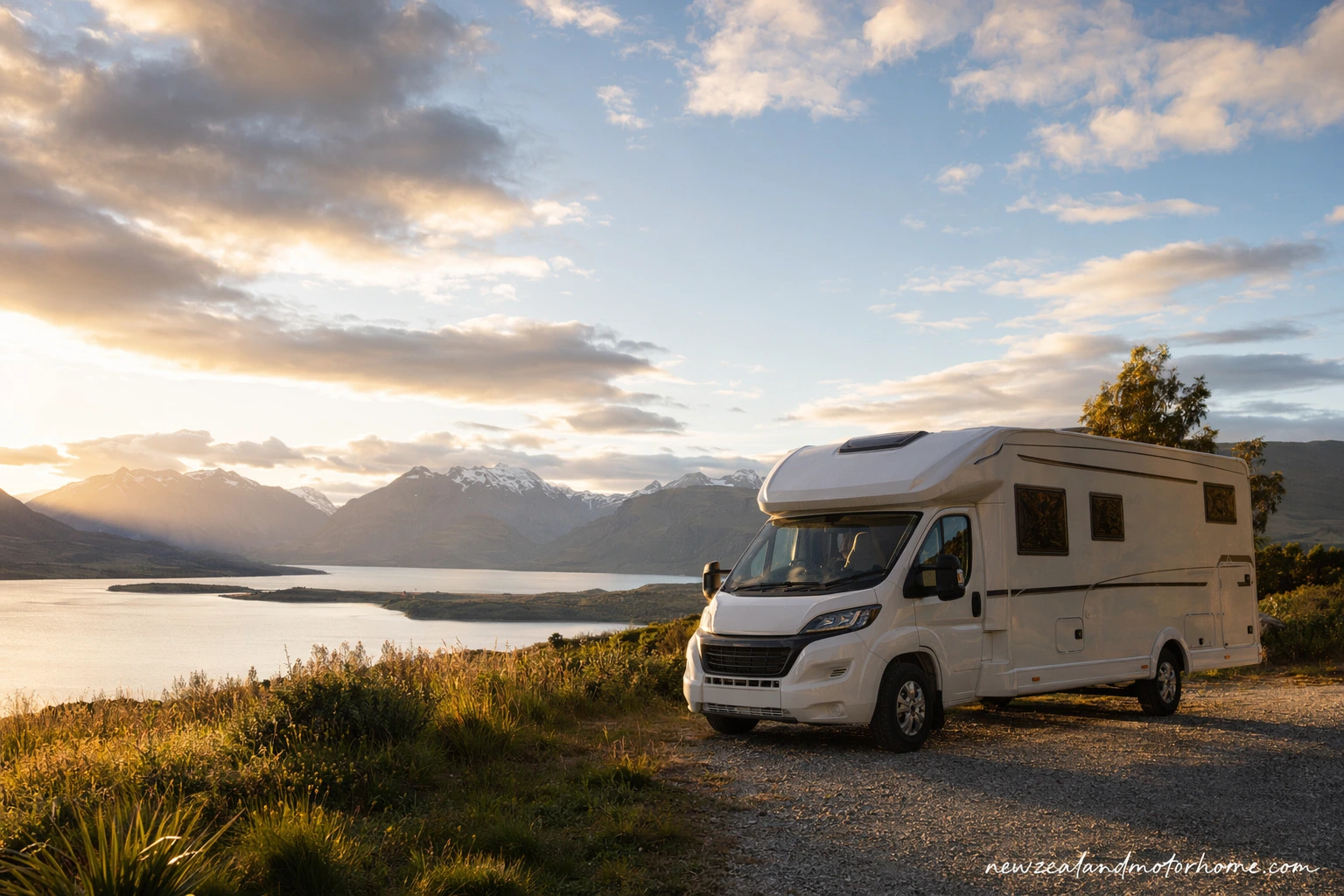 Campervan parked beside a quiet New Zealand lake with mountains in the background