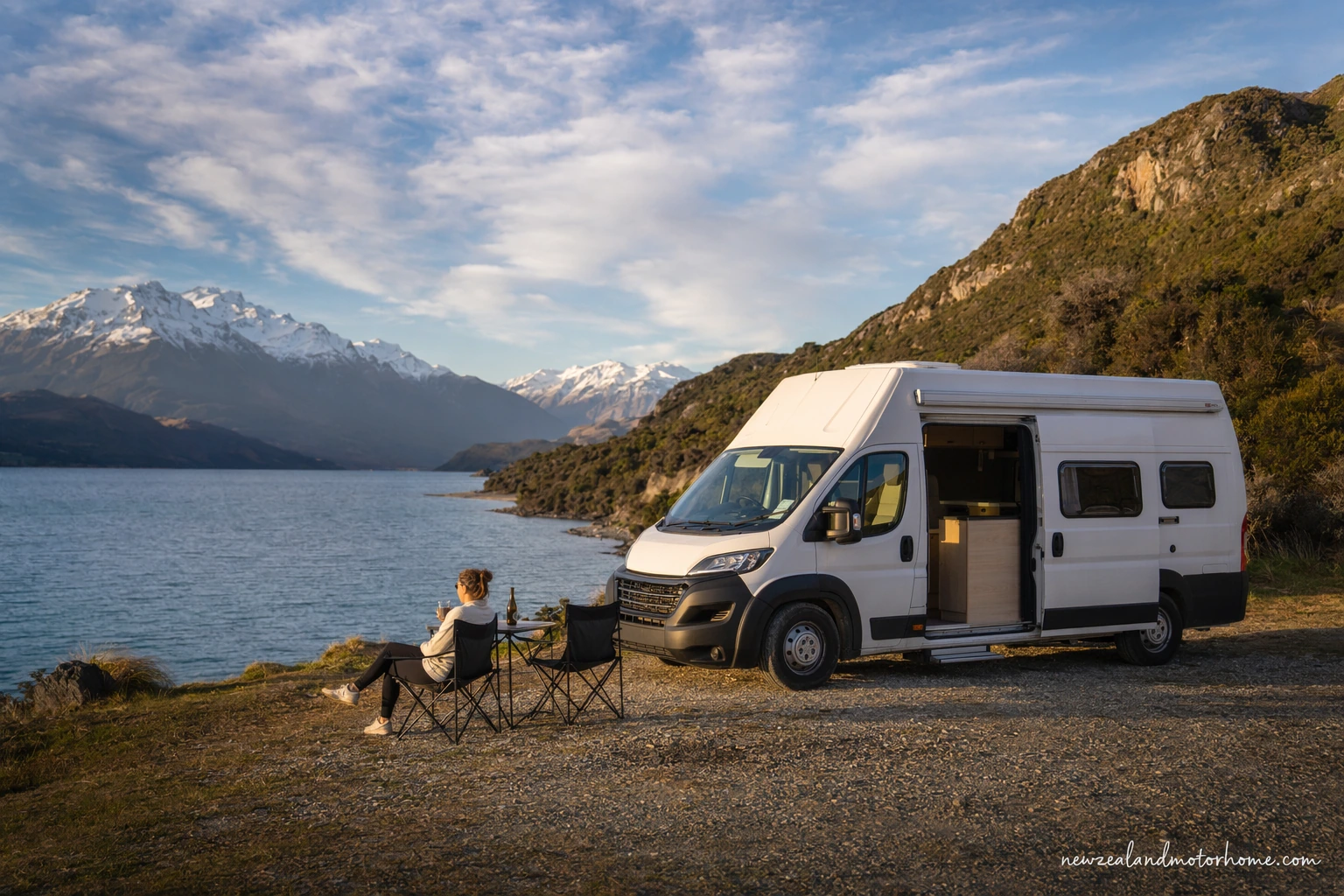 Campervan parked beside Lake Pukaki with mountains in the background