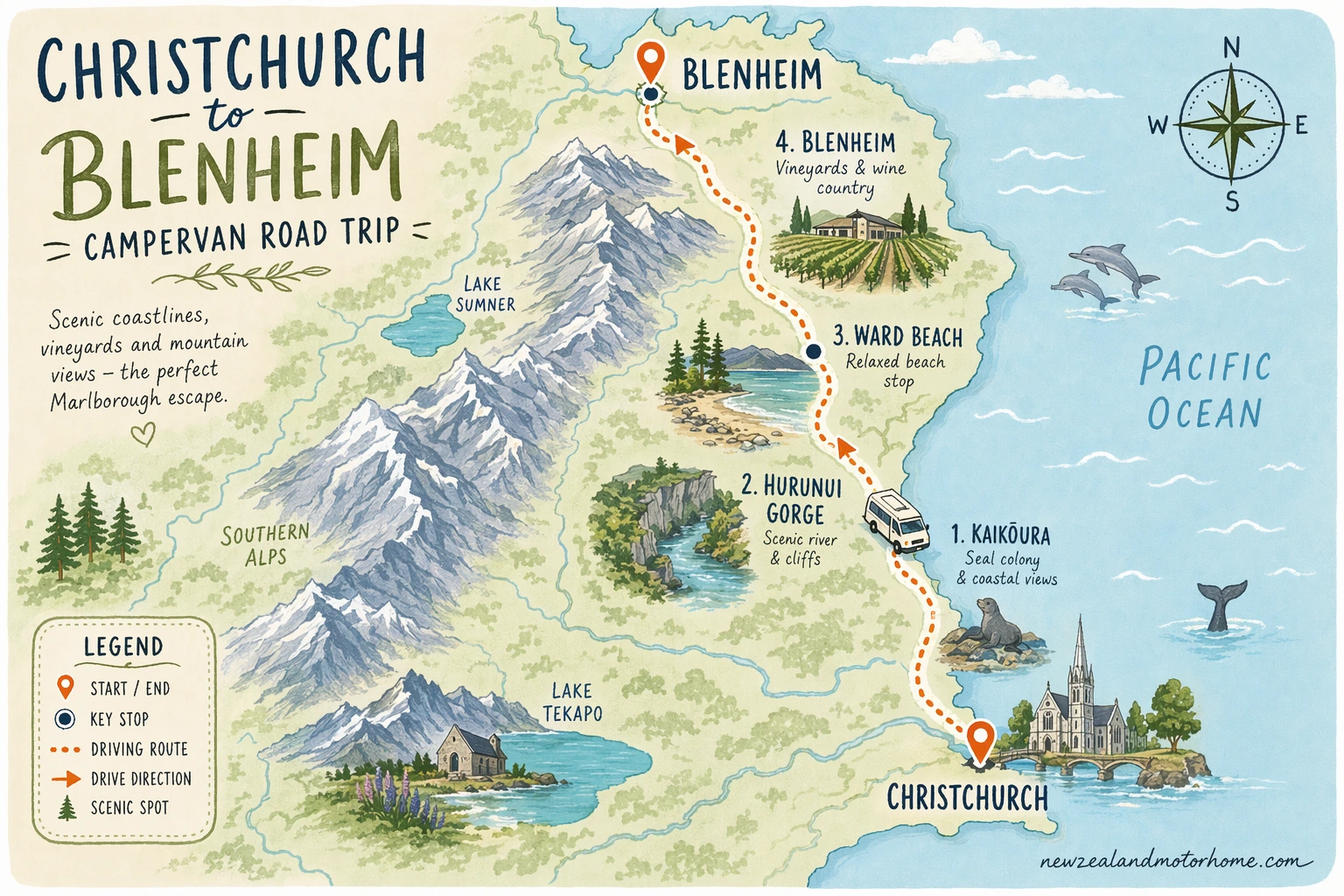 Illustrated campervan map — christchurch to blenheim campervan