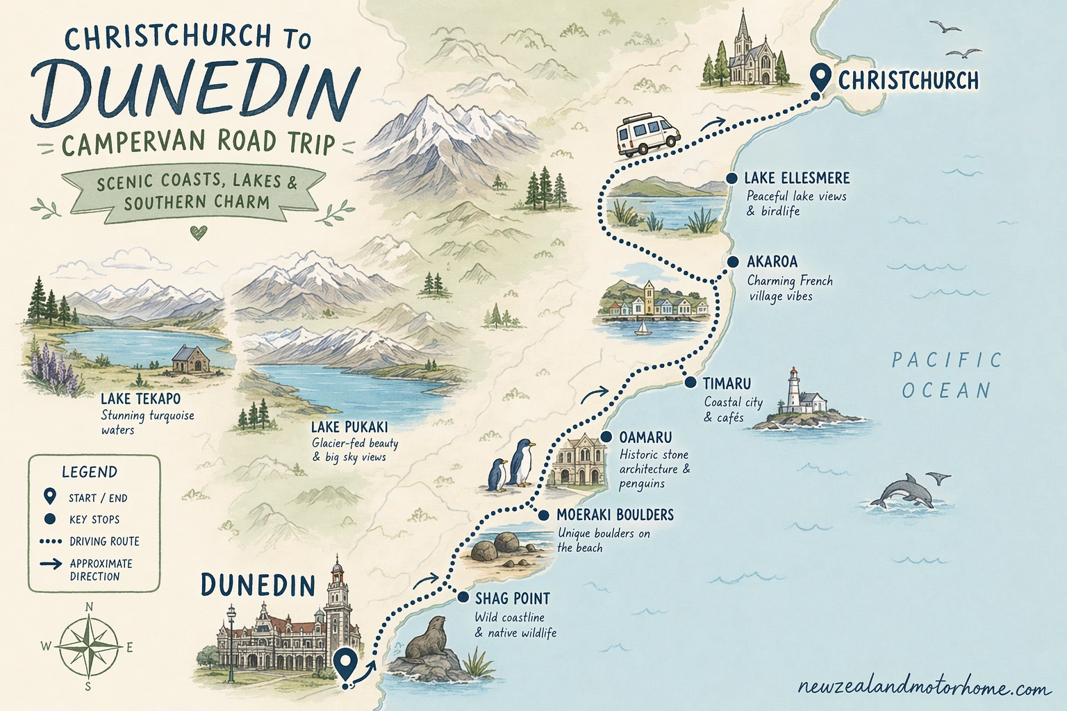 Illustrated campervan map — christchurch to dunedin campervan