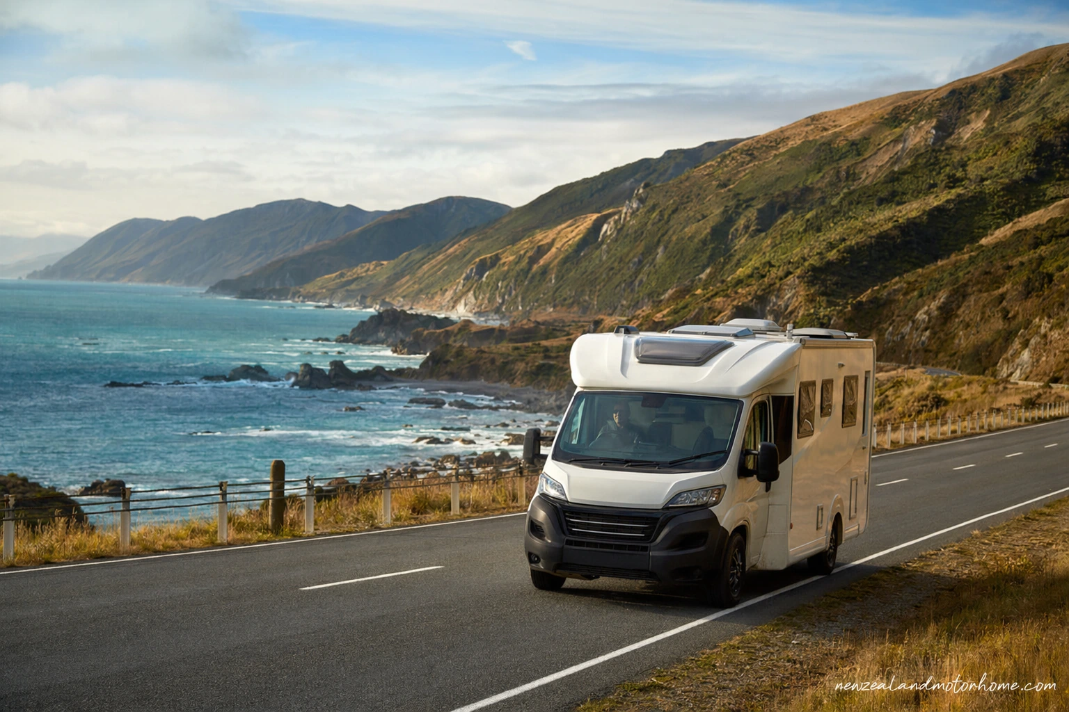 Campervan parked near the Otago coast on the Christchurch to Dunedin route