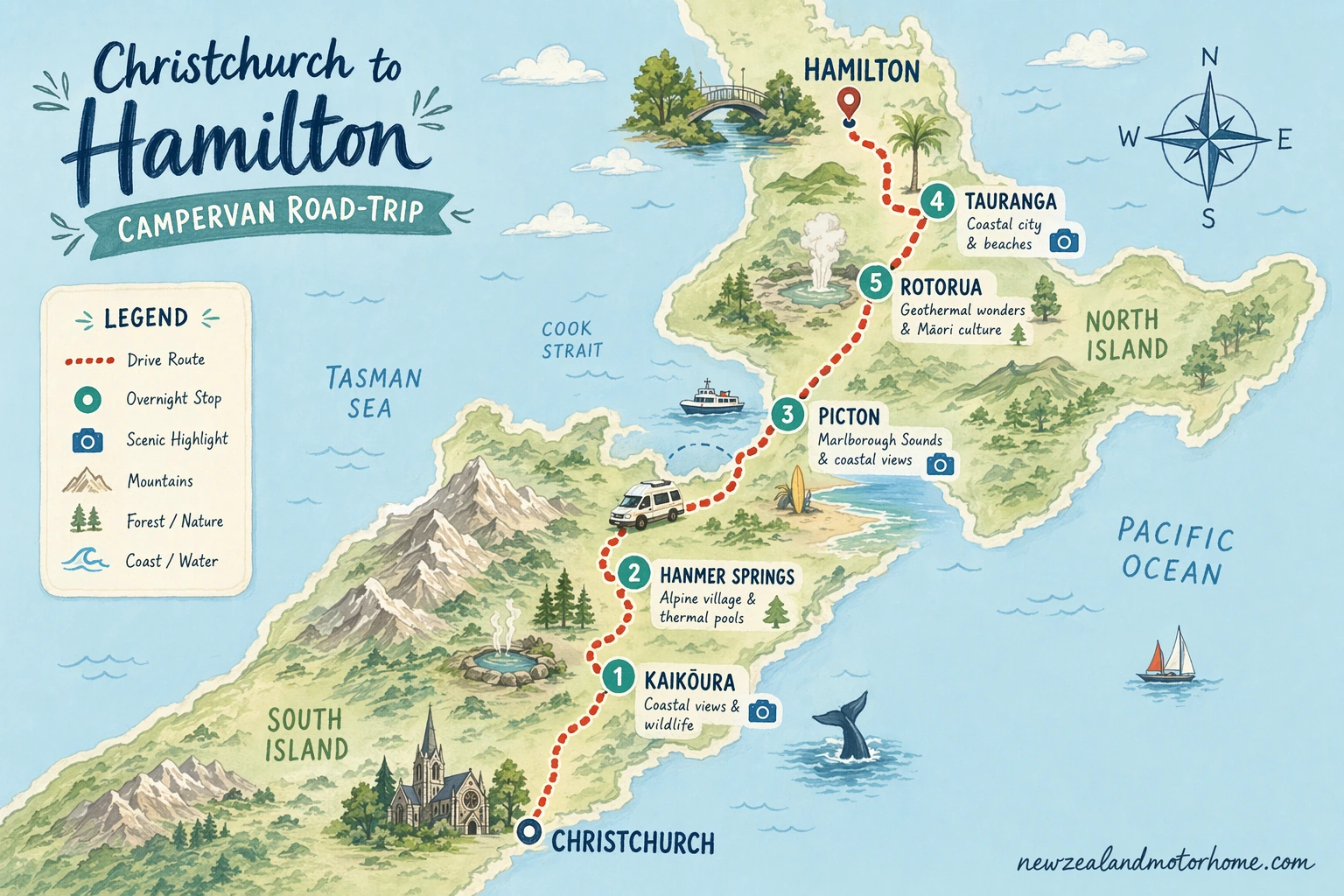 Illustrated campervan map — christchurch to hamilton campervan