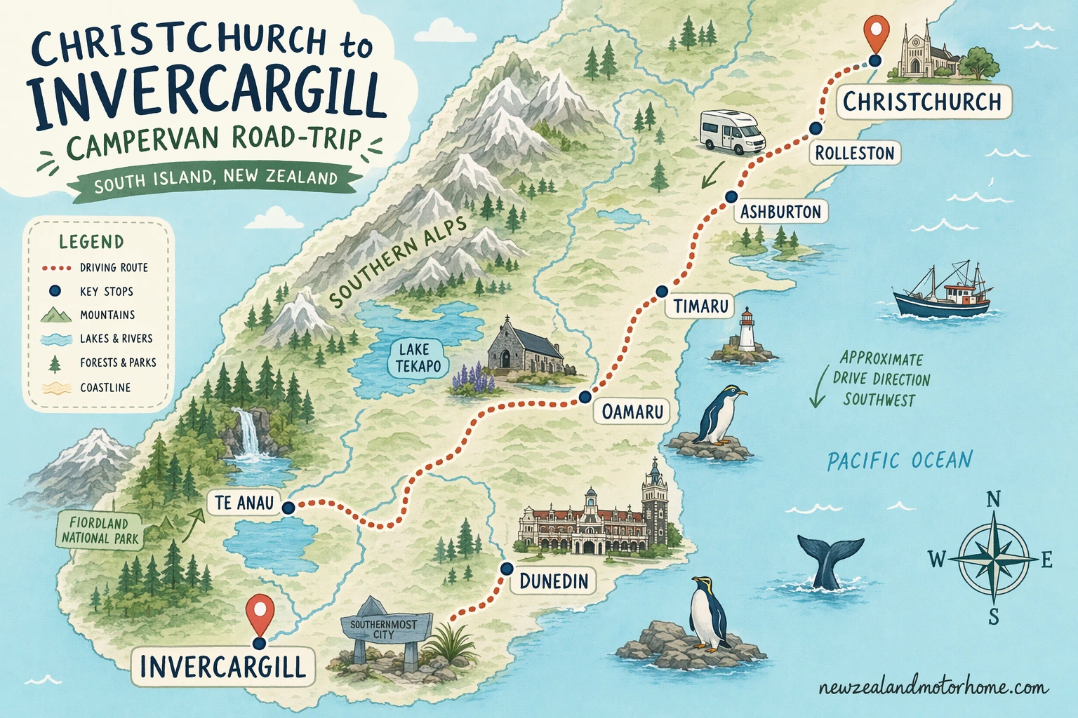 Illustrated campervan map — christchurch to invercargill campervan