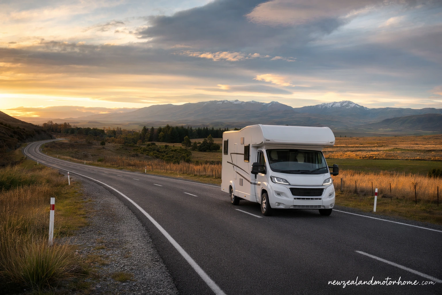 Campervan parked on a South Island coastal road between Christchurch and Invercargill