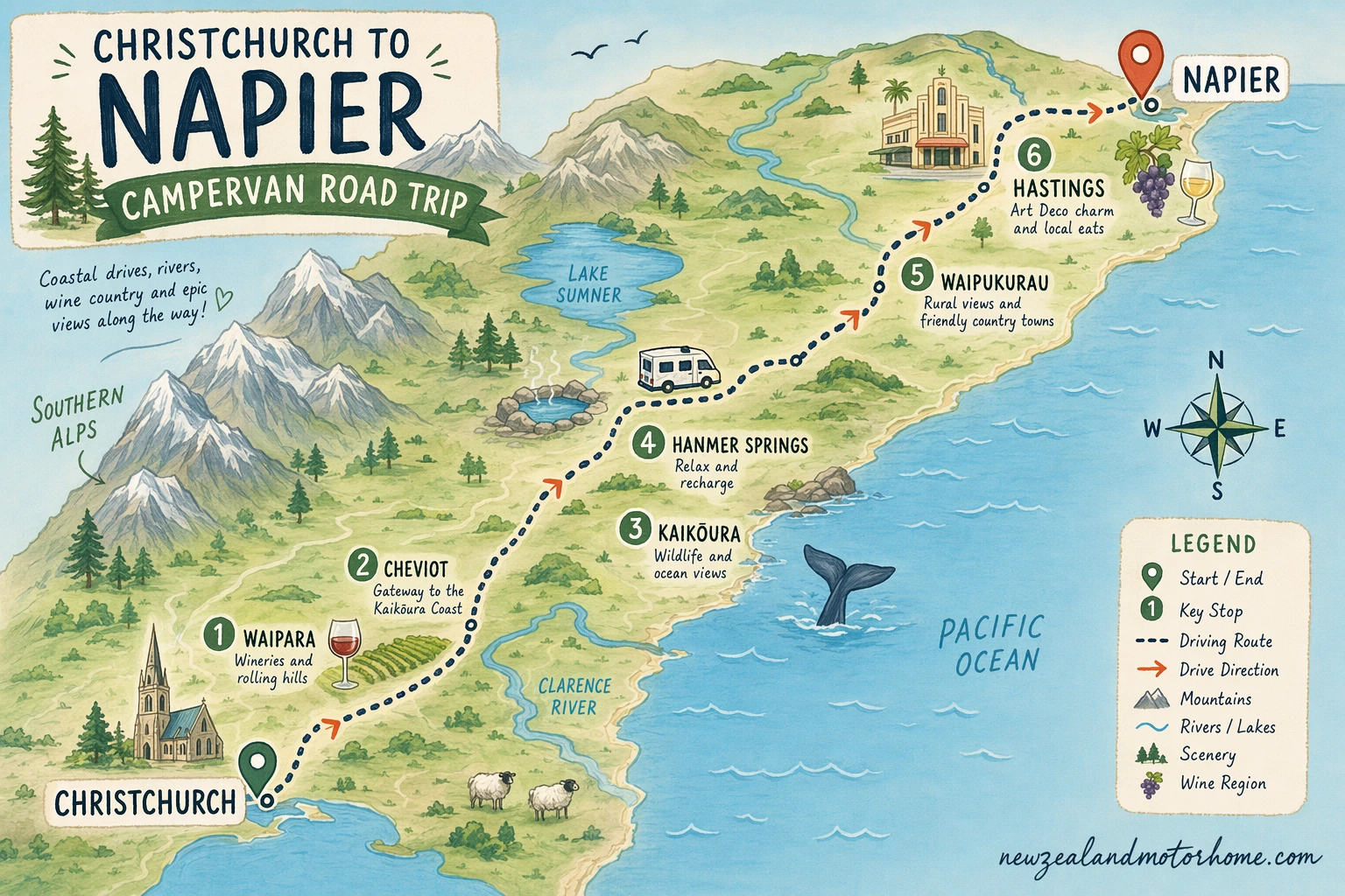 Illustrated campervan map — christchurch to napier campervan