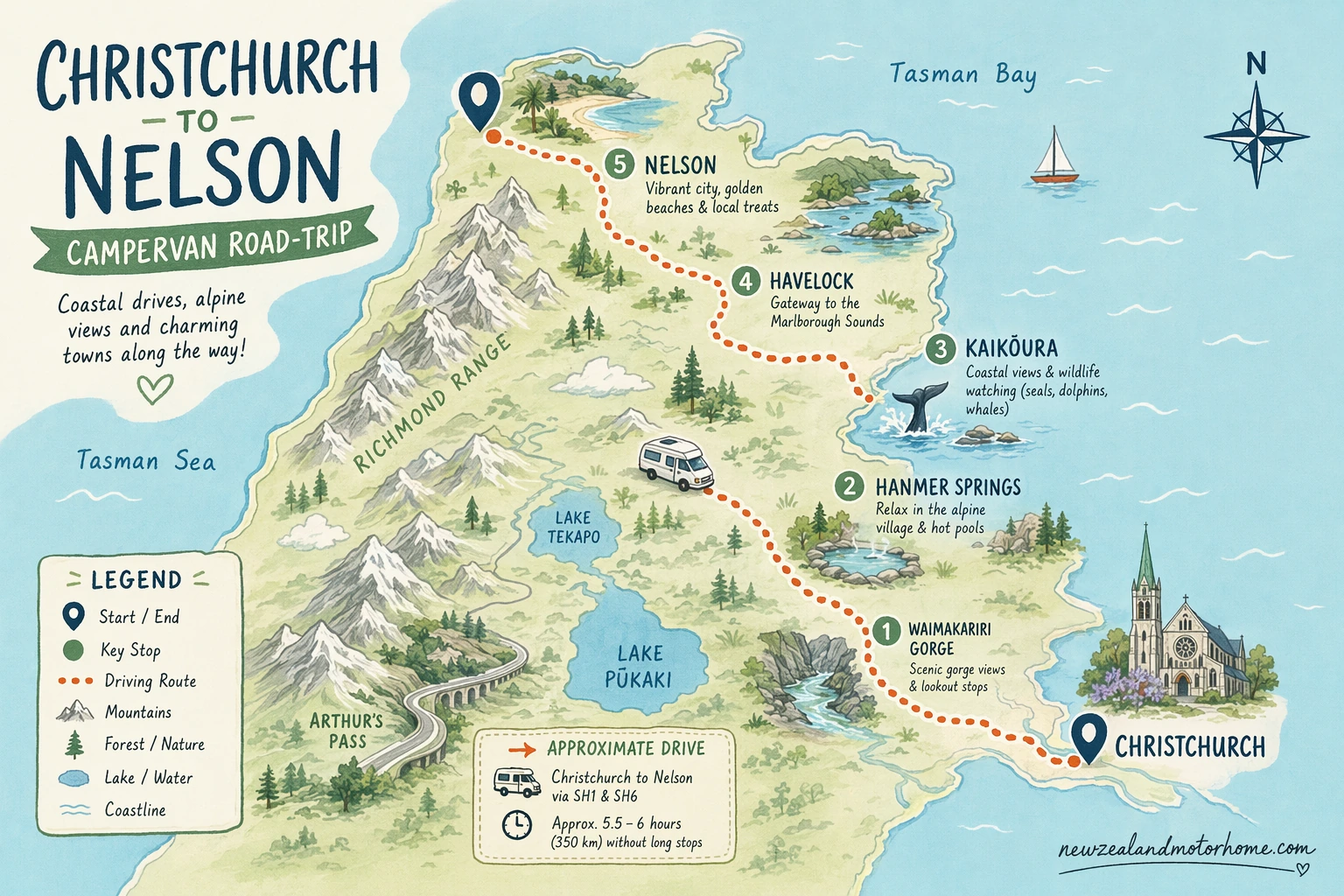 Illustrated campervan map — christchurch to nelson campervan