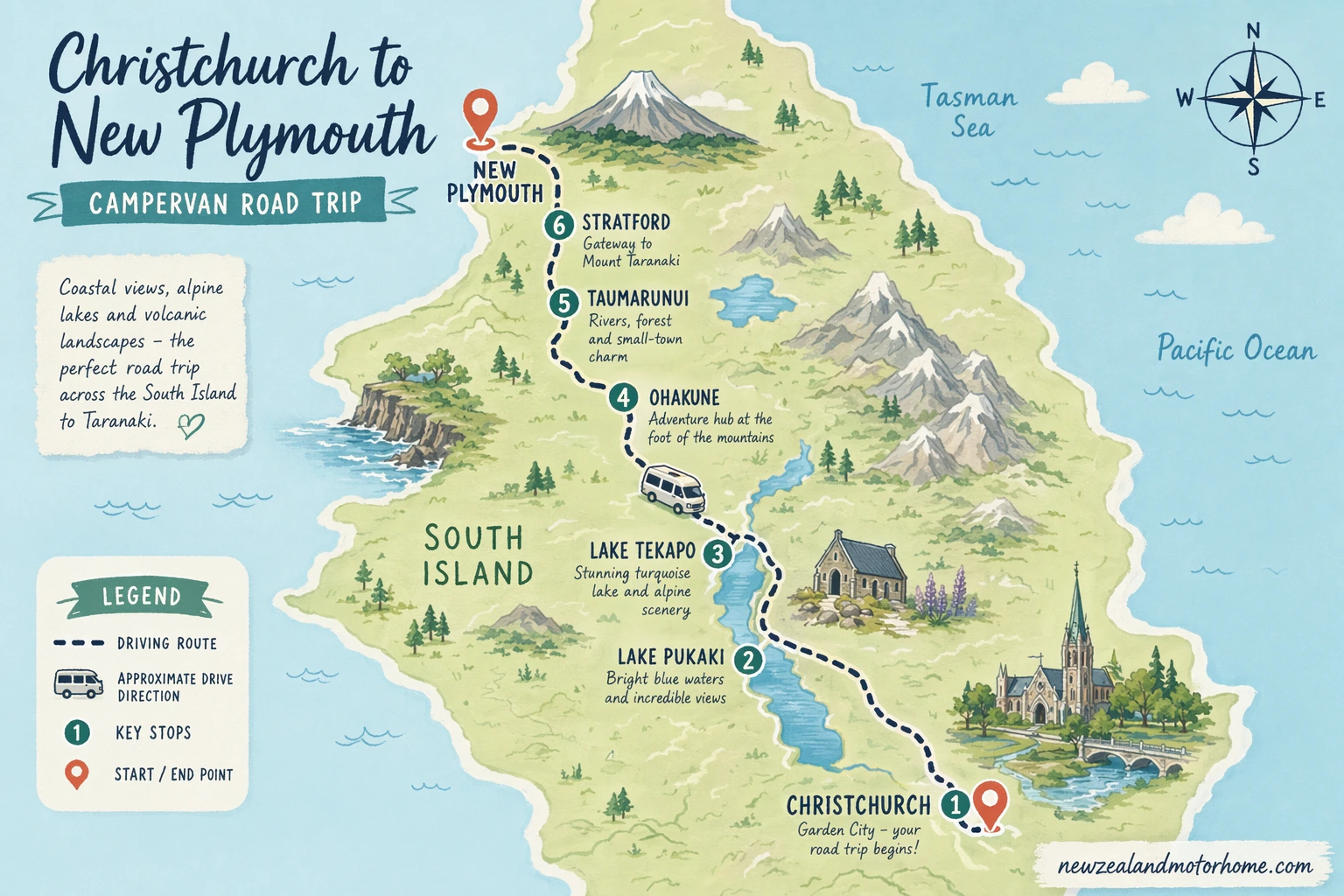 Illustrated campervan map — christchurch to new plymouth campervan