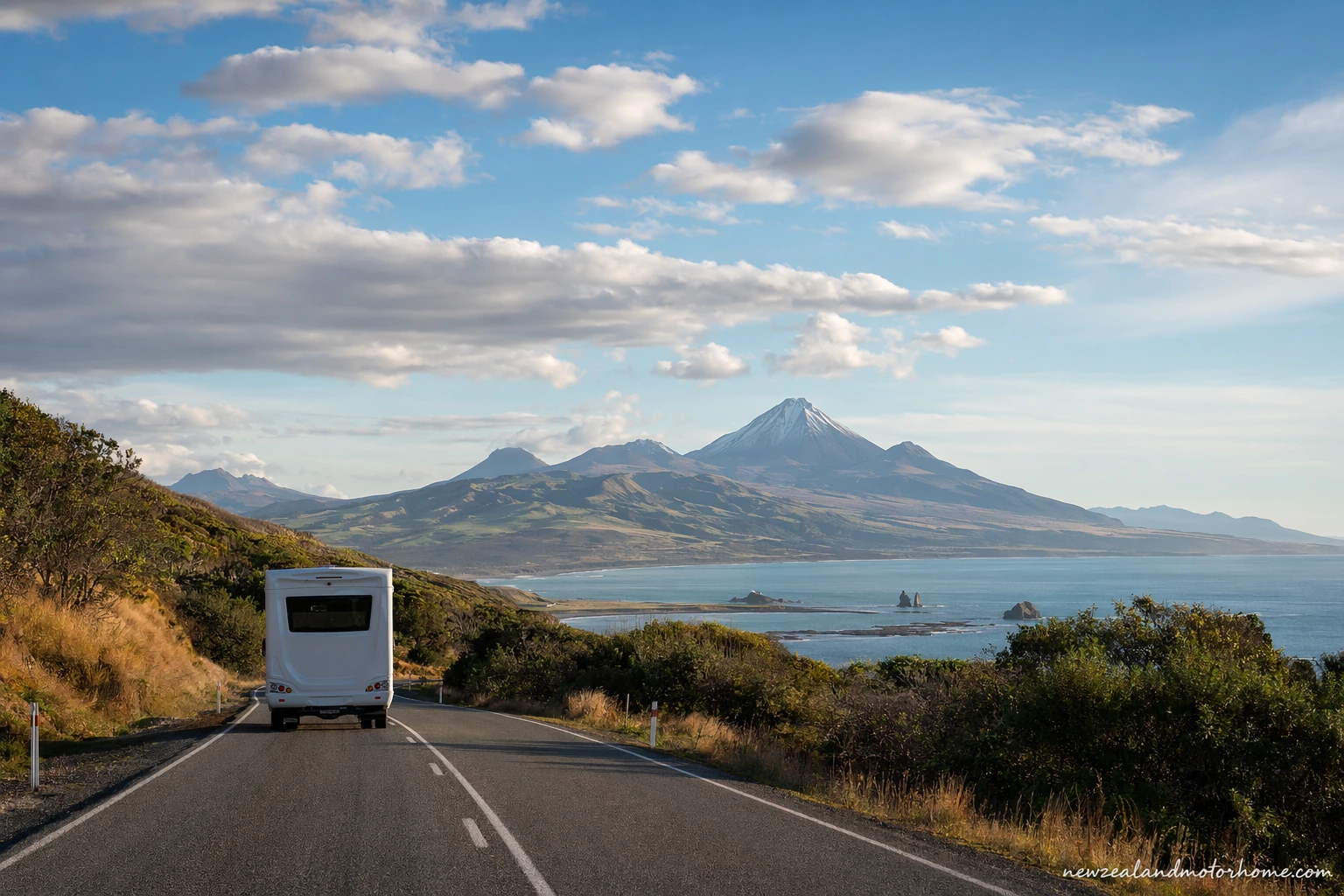 Campervan parked near the New Plymouth coast with Mt Taranaki in the distance