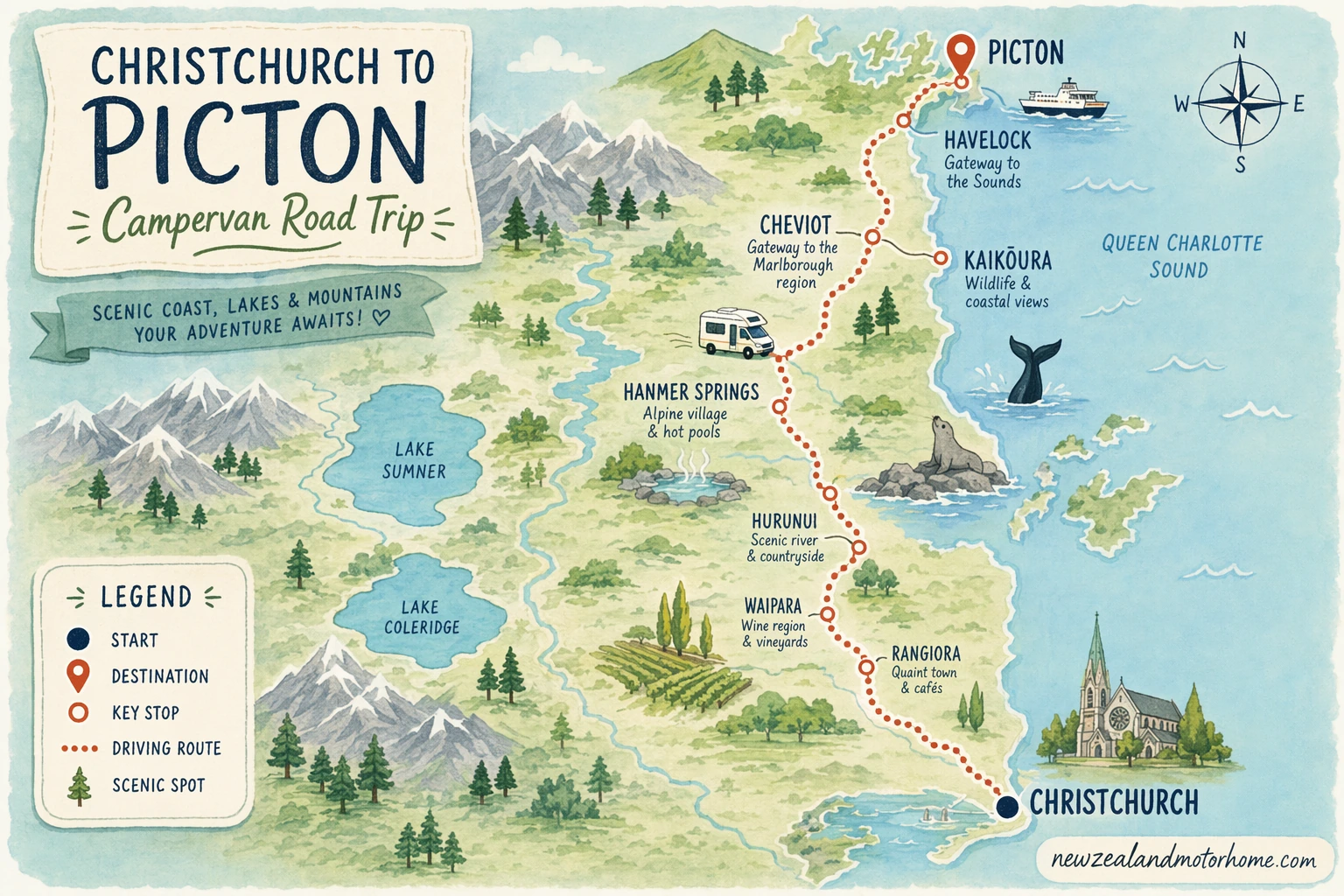 Illustrated campervan map — christchurch to picton campervan