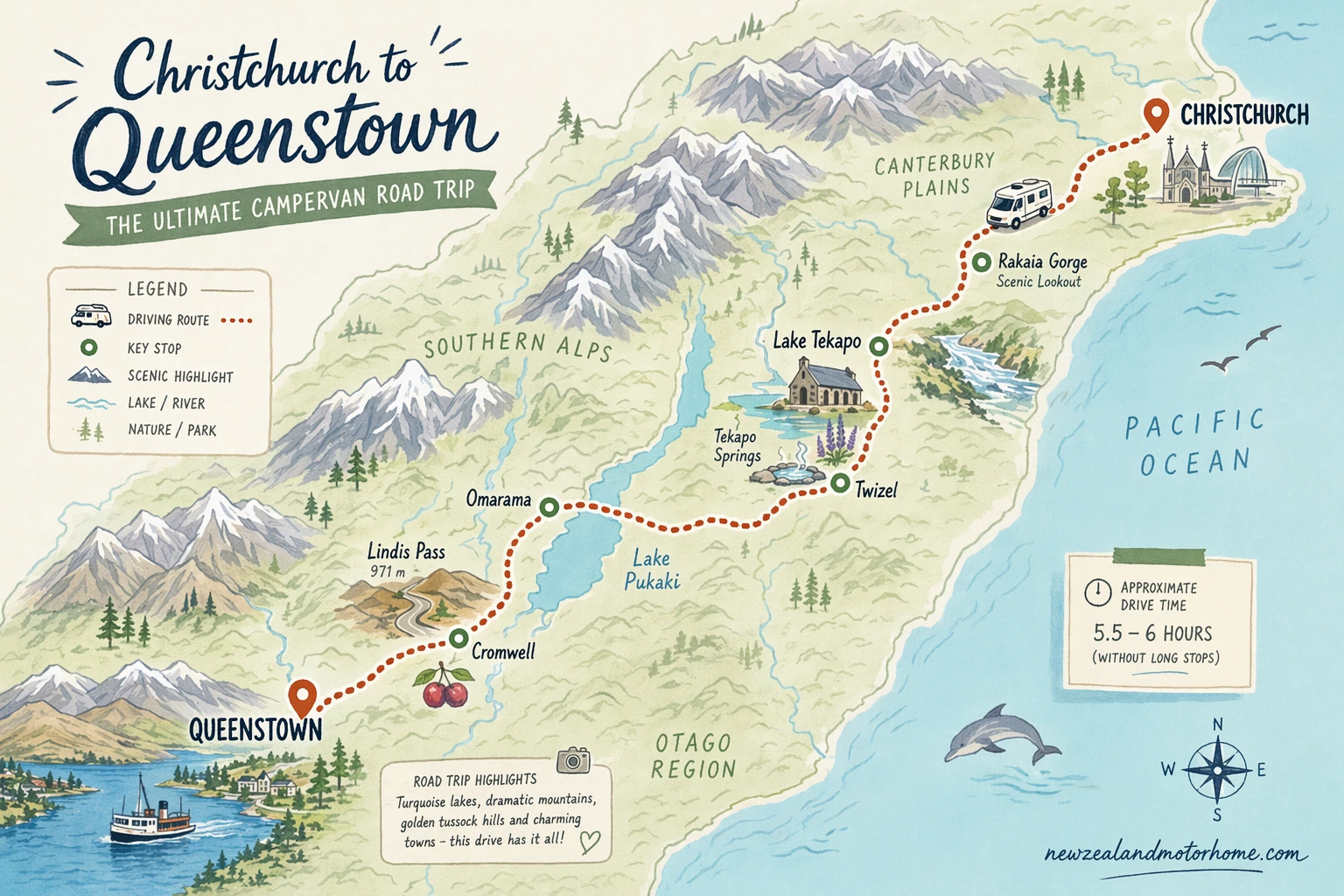 Illustrated campervan map — christchurch to queenstown campervan