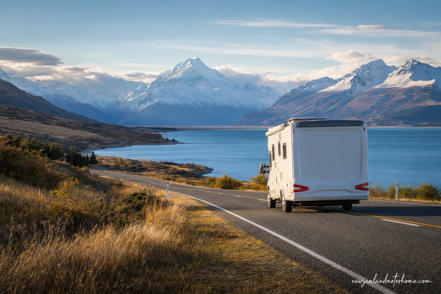 Campervan parked near Lake Pukaki on the Christchurch to Queenstown route with Southern Alps in the distance