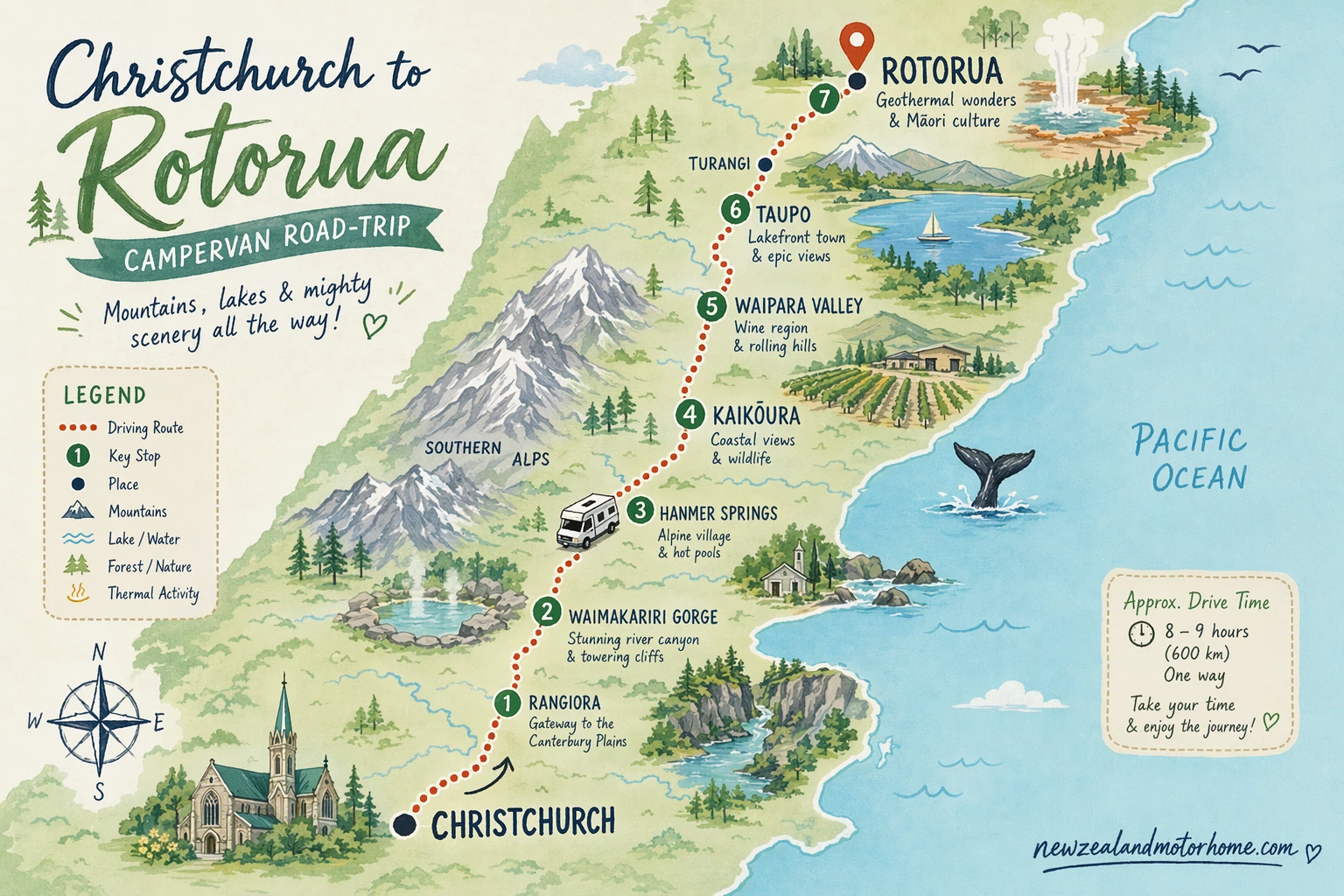 Illustrated campervan map — christchurch to rotorua campervan
