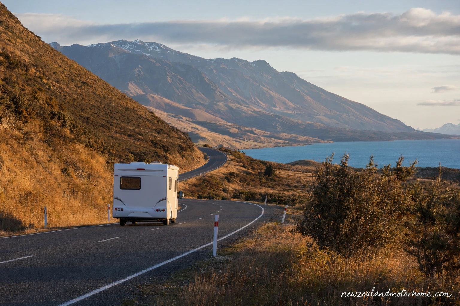 Campervan parked by Lake Taupō on the route from Christchurch to Rotorua