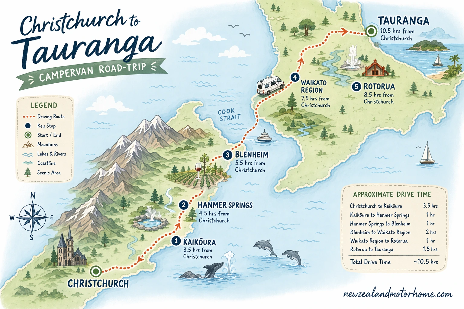 Illustrated campervan map — christchurch to tauranga campervan