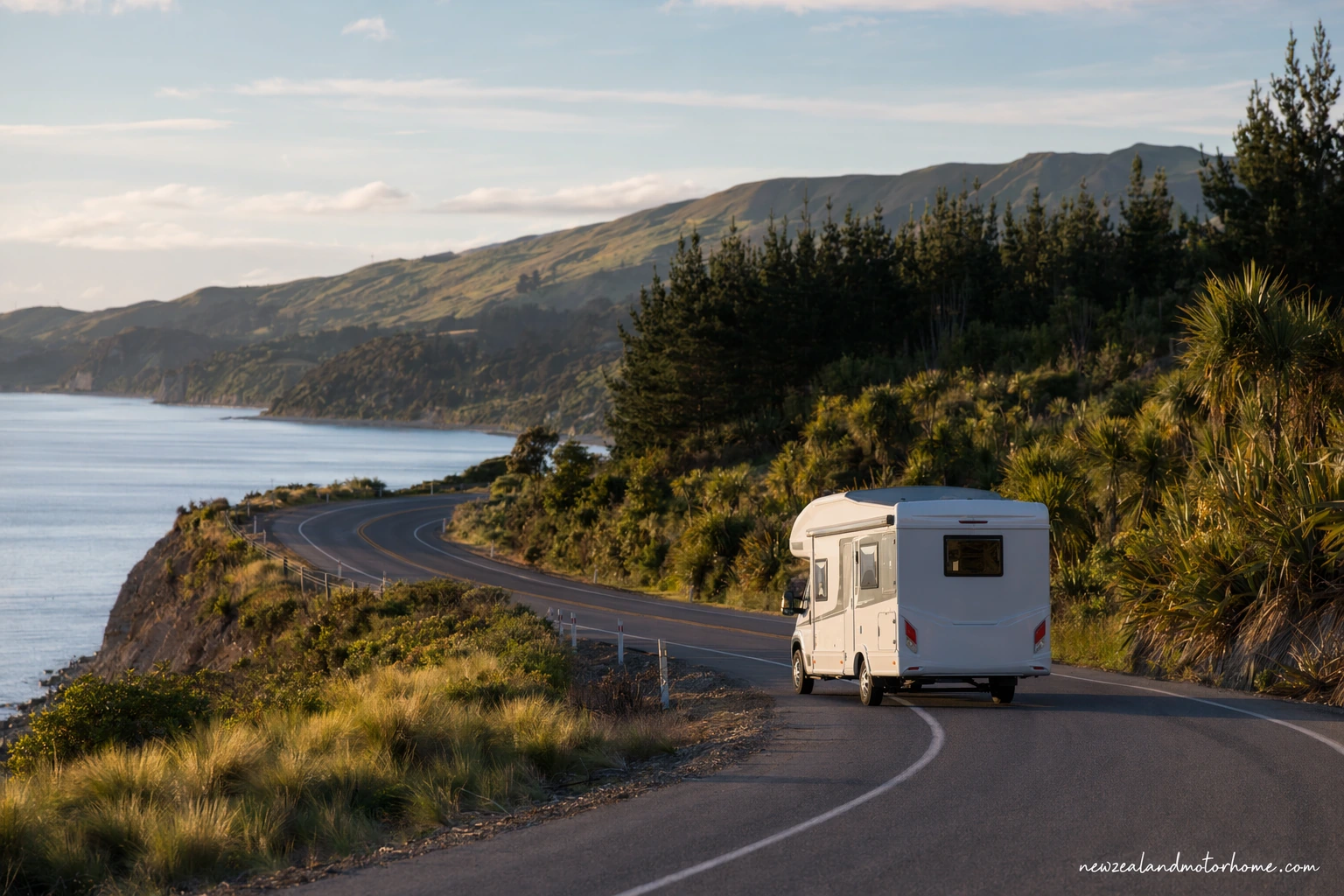 Campervan parked near the Tauranga harbour after a Christchurch to Tauranga road trip