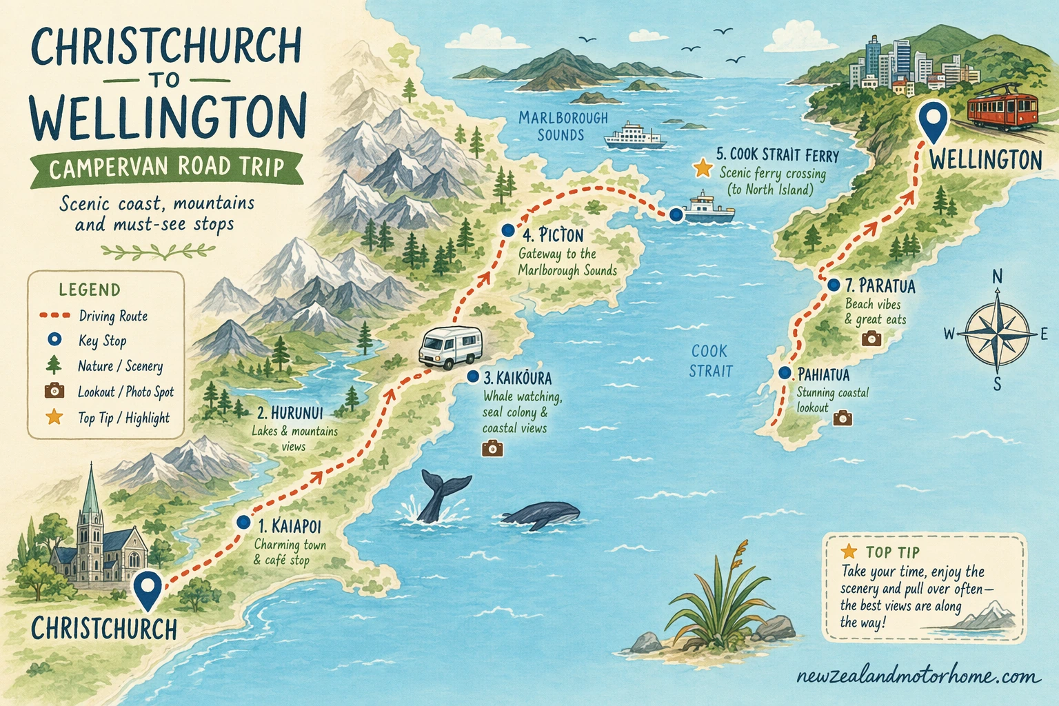 Illustrated campervan map — christchurch to wellington campervan
