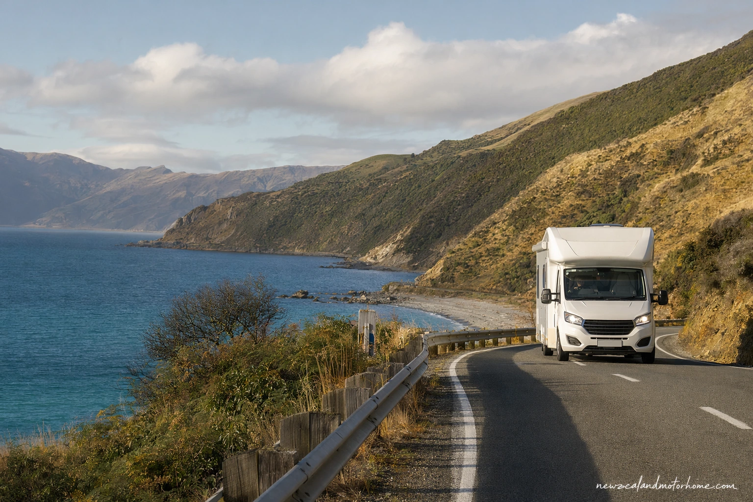 Campervan parked near the Kaikōura coast on the Christchurch to Wellington route