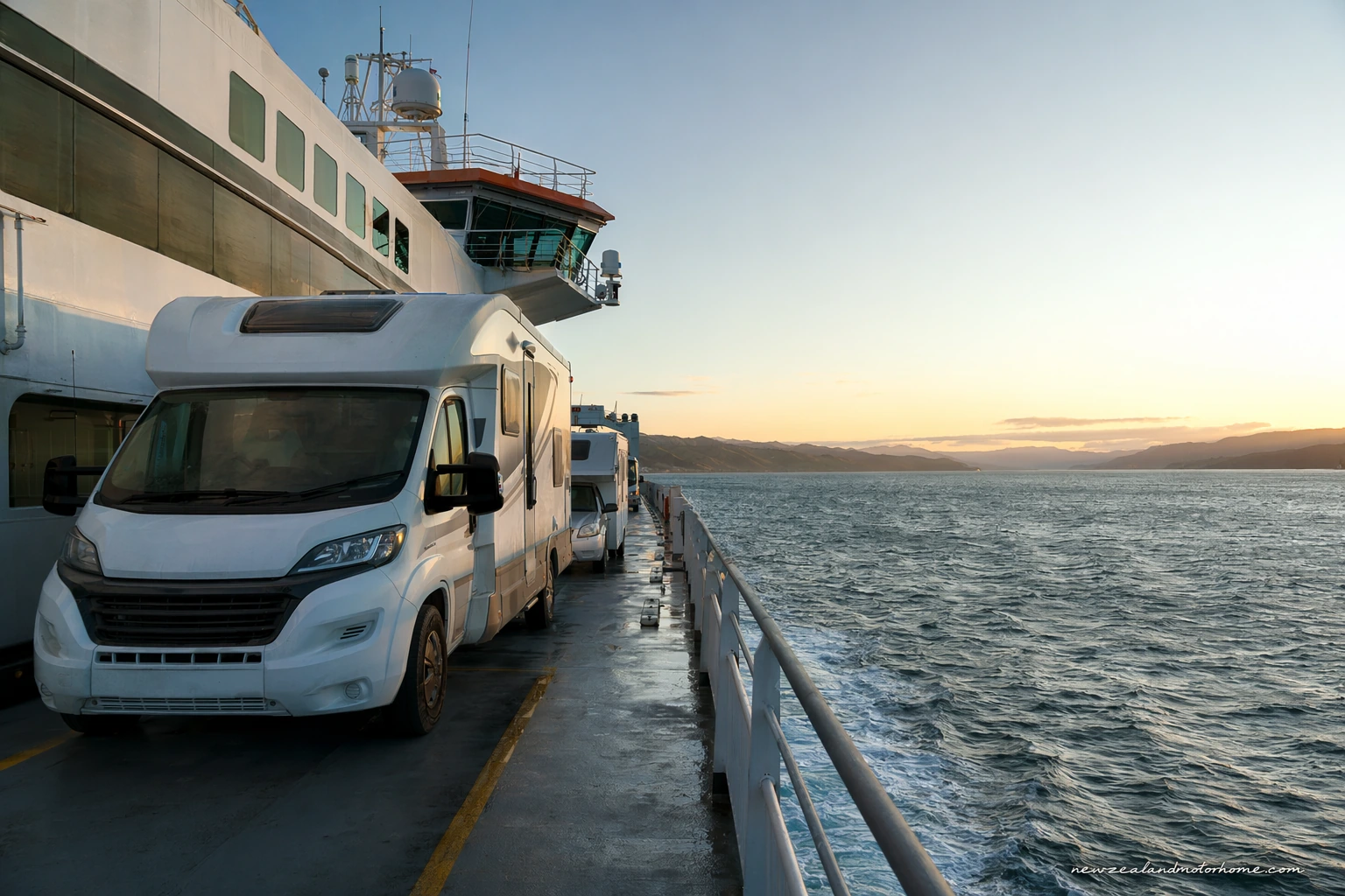 Campervan waiting to board the Cook Strait ferry at Picton harbour