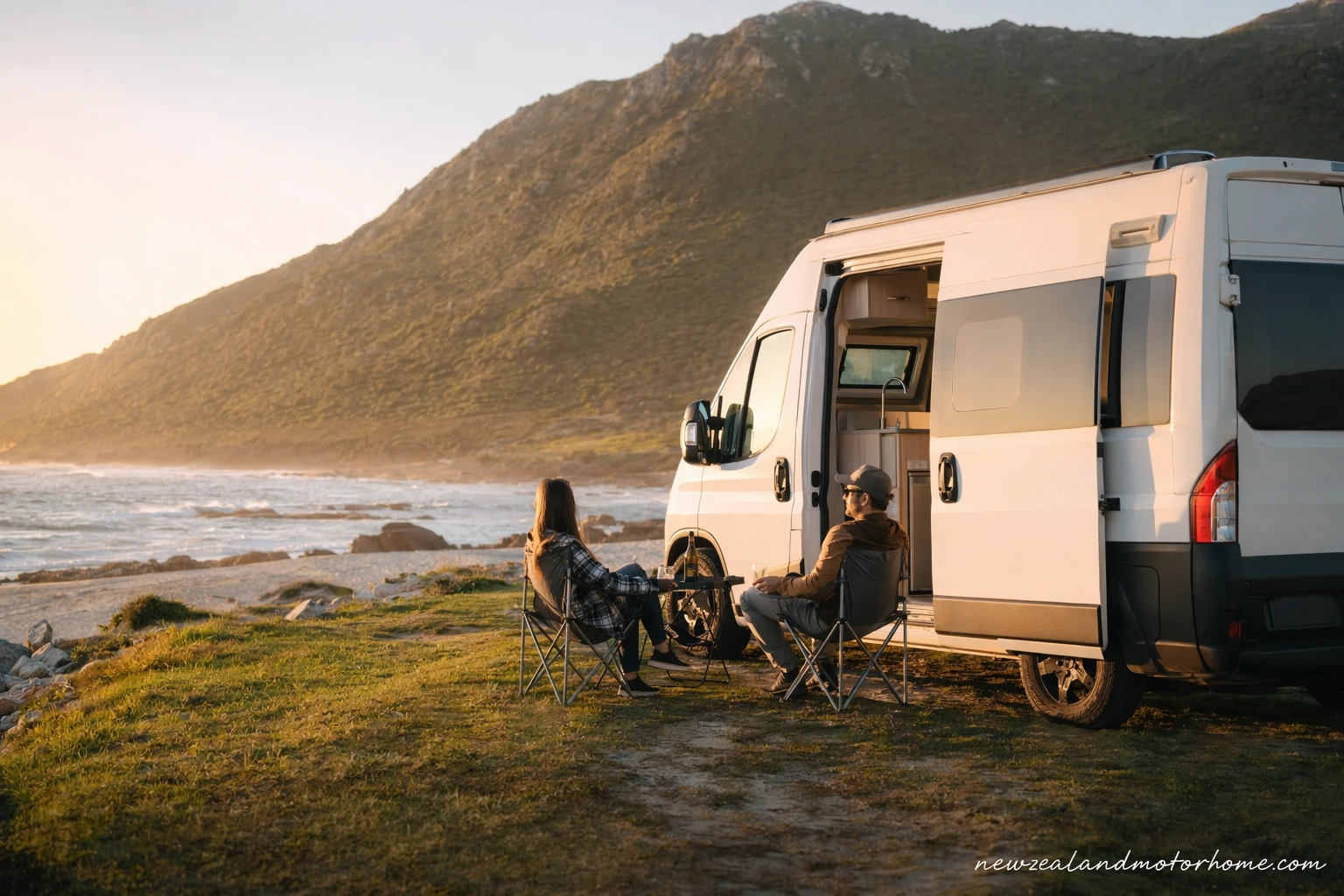Couple with a campervan parked beside a quiet New Zealand lake at sunset