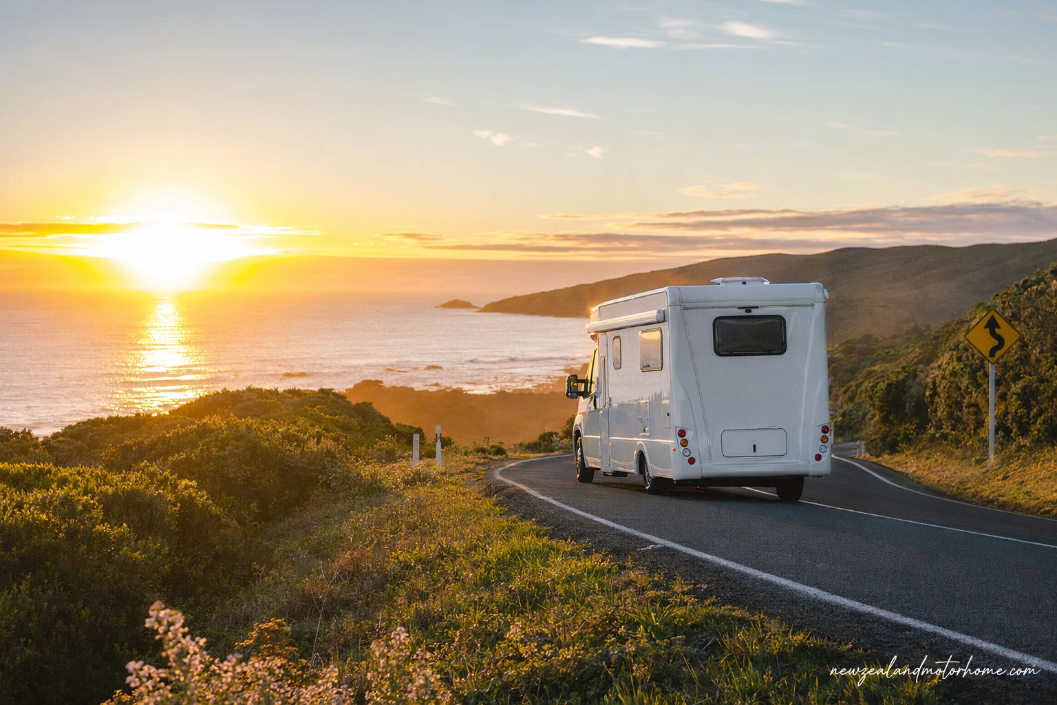 Campervan parked beside a rural New Zealand road with mountains in the distance