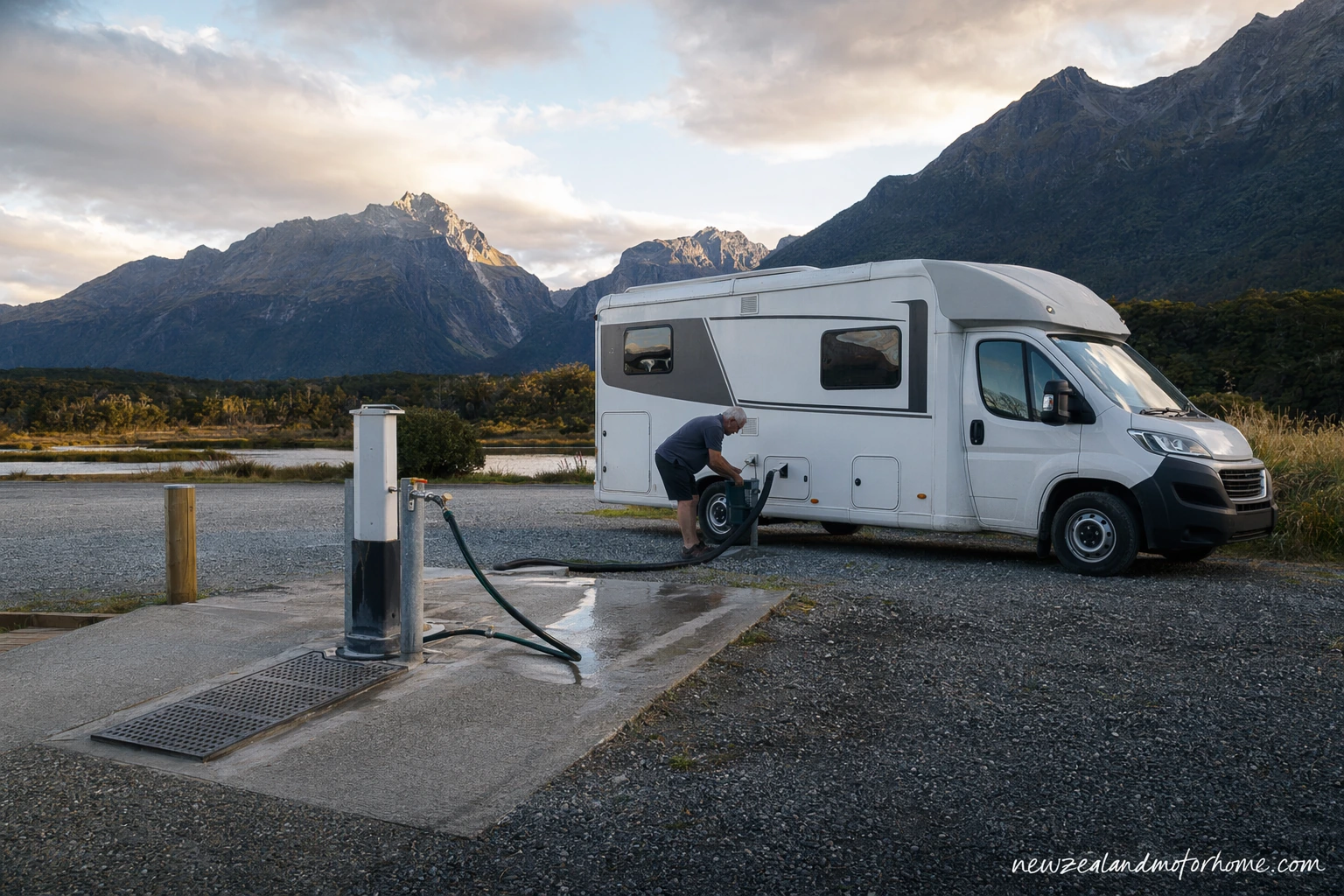 Campervan parked beside a New Zealand dump station and fresh-water point on a self-drive route