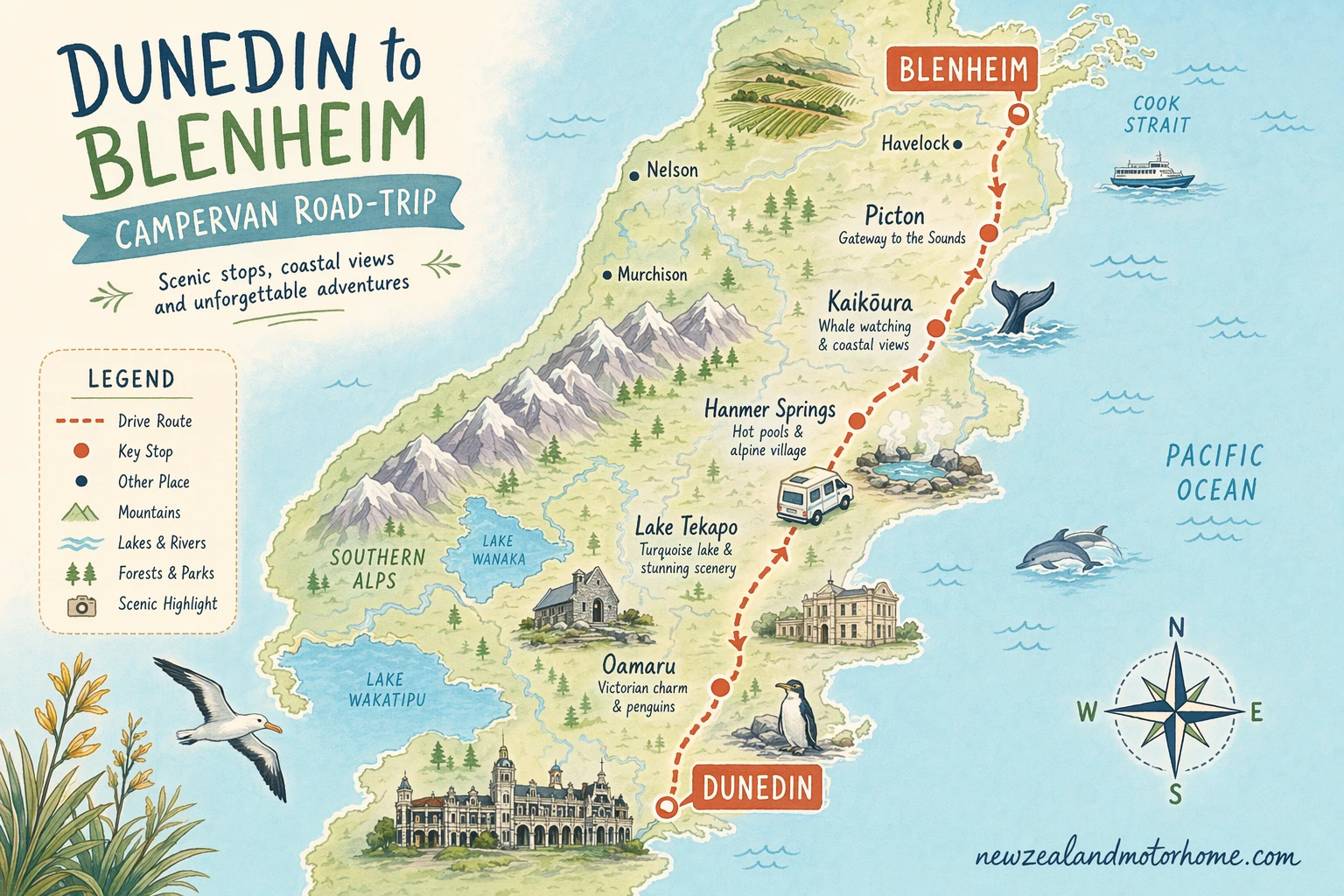 Illustrated campervan map — dunedin to blenheim campervan
