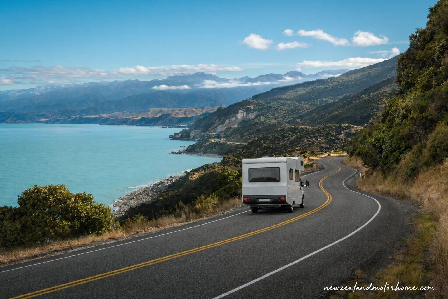 Campervan parked near the Kaikōura coast on the route from Dunedin to Blenheim