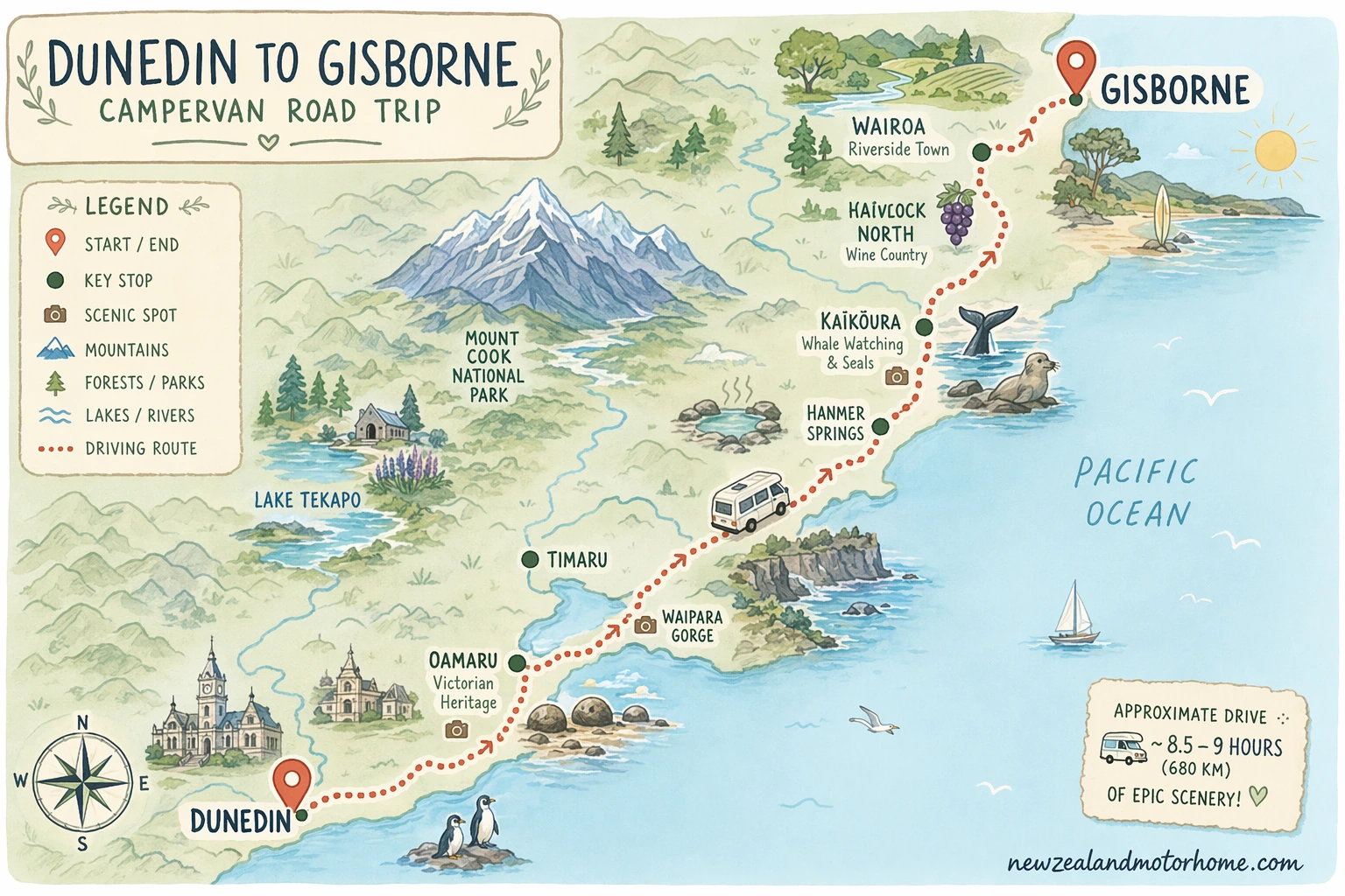 Illustrated campervan map — dunedin to gisborne campervan