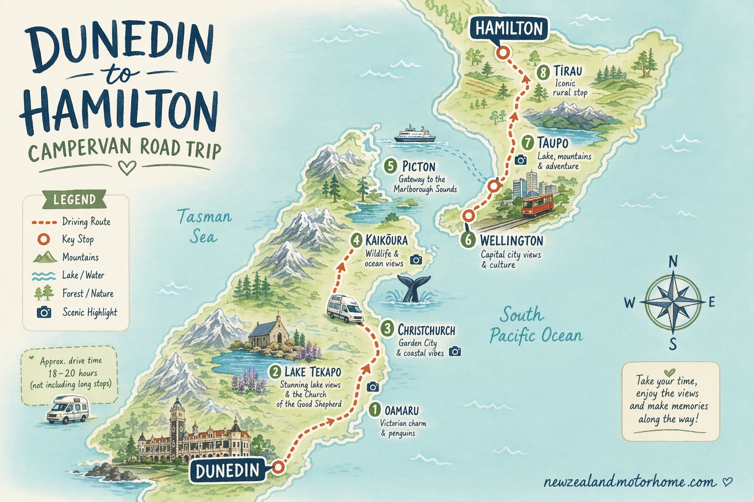 Illustrated campervan map — dunedin to hamilton campervan