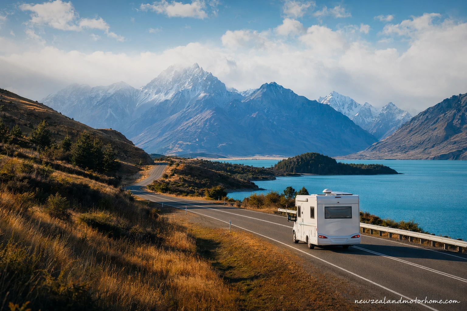Campervan parked above Otago Harbour on the Dunedin to Hamilton route