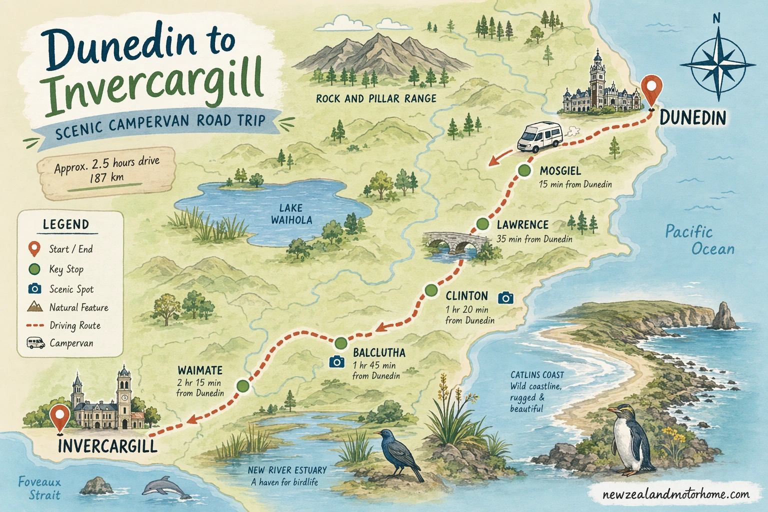 Illustrated campervan map — dunedin to invercargill campervan