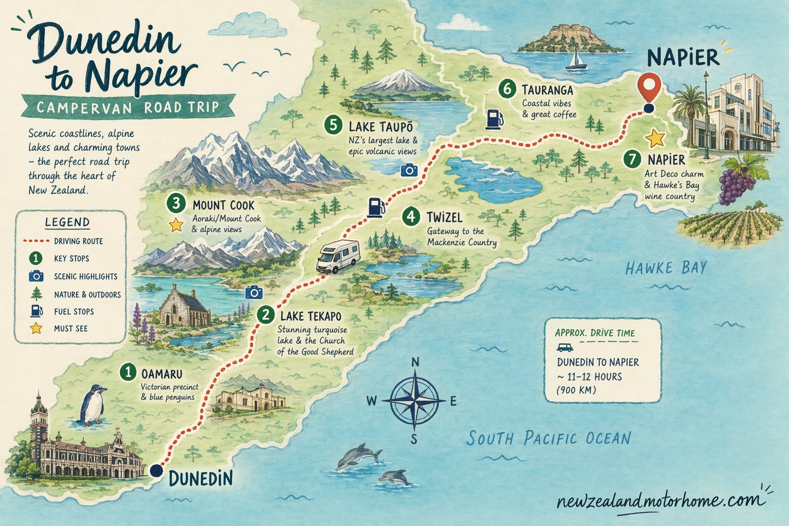 Illustrated campervan map — dunedin to napier campervan