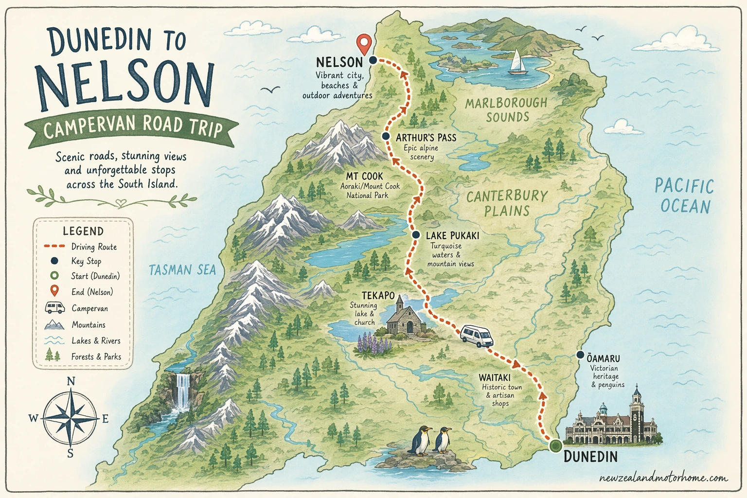 Illustrated campervan map — dunedin to nelson campervan