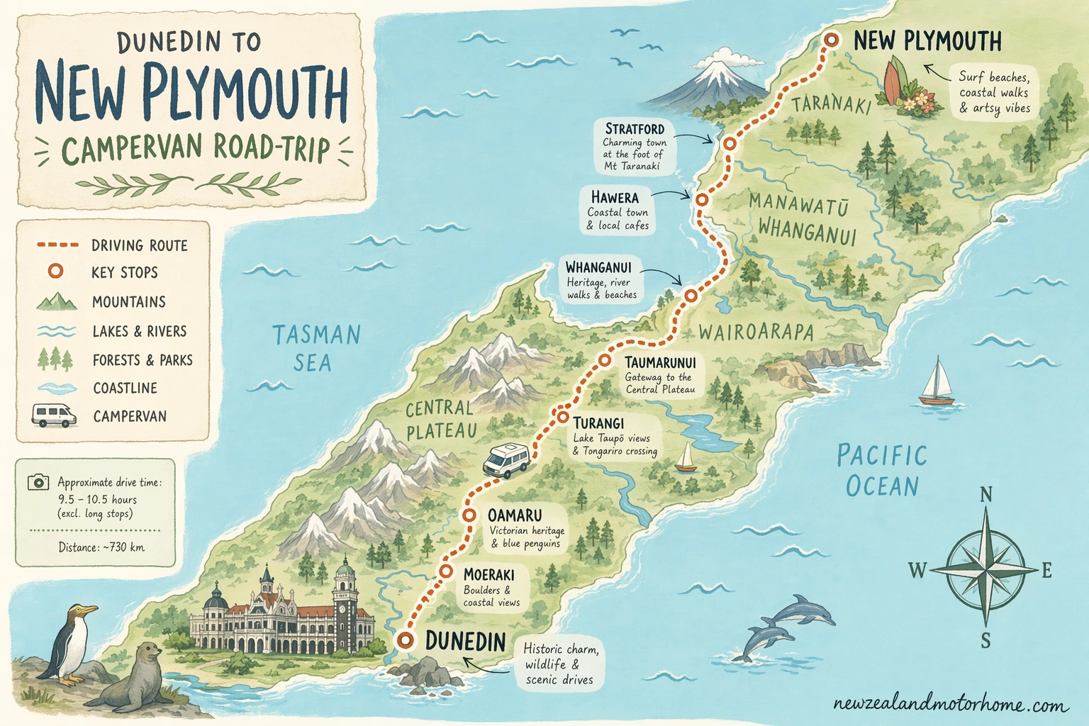 Illustrated campervan map — dunedin to new plymouth campervan