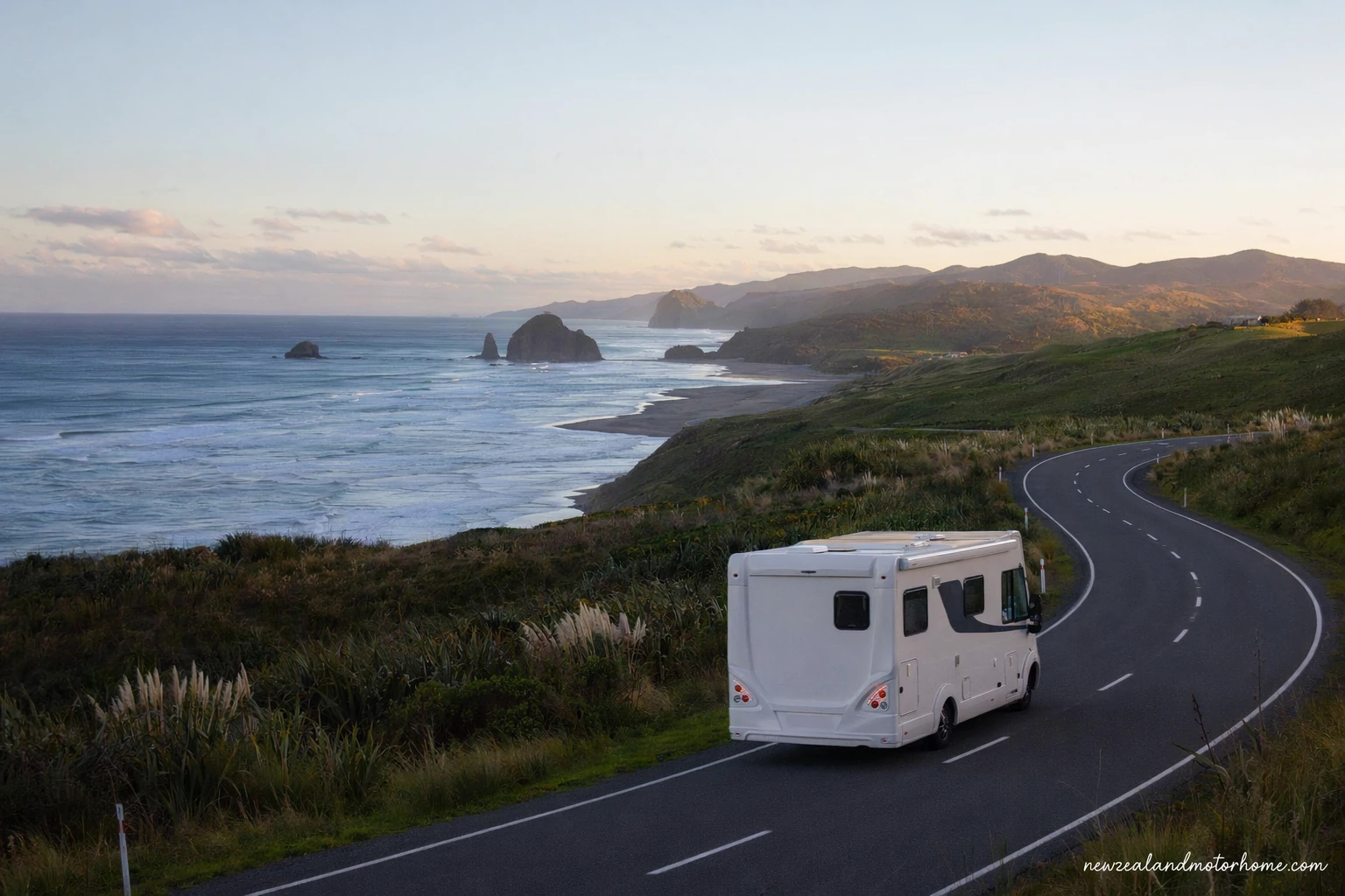 Campervan parked near the New Plymouth coast with Mount Taranaki in the distance