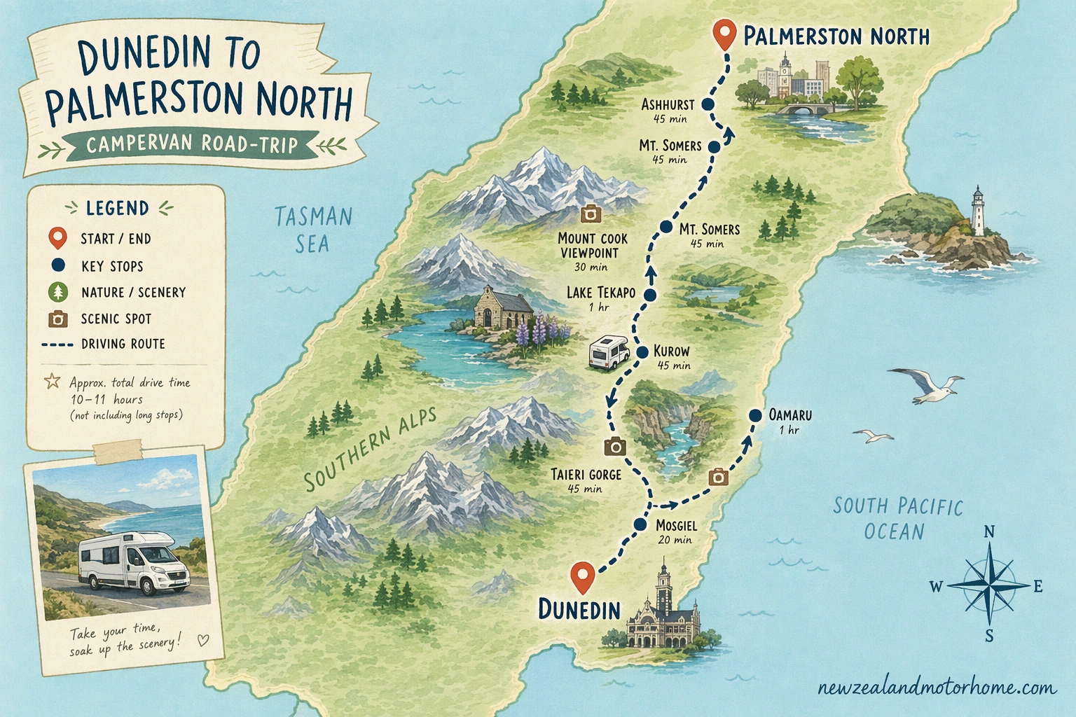 Illustrated campervan map — dunedin to palmerston north campervan
