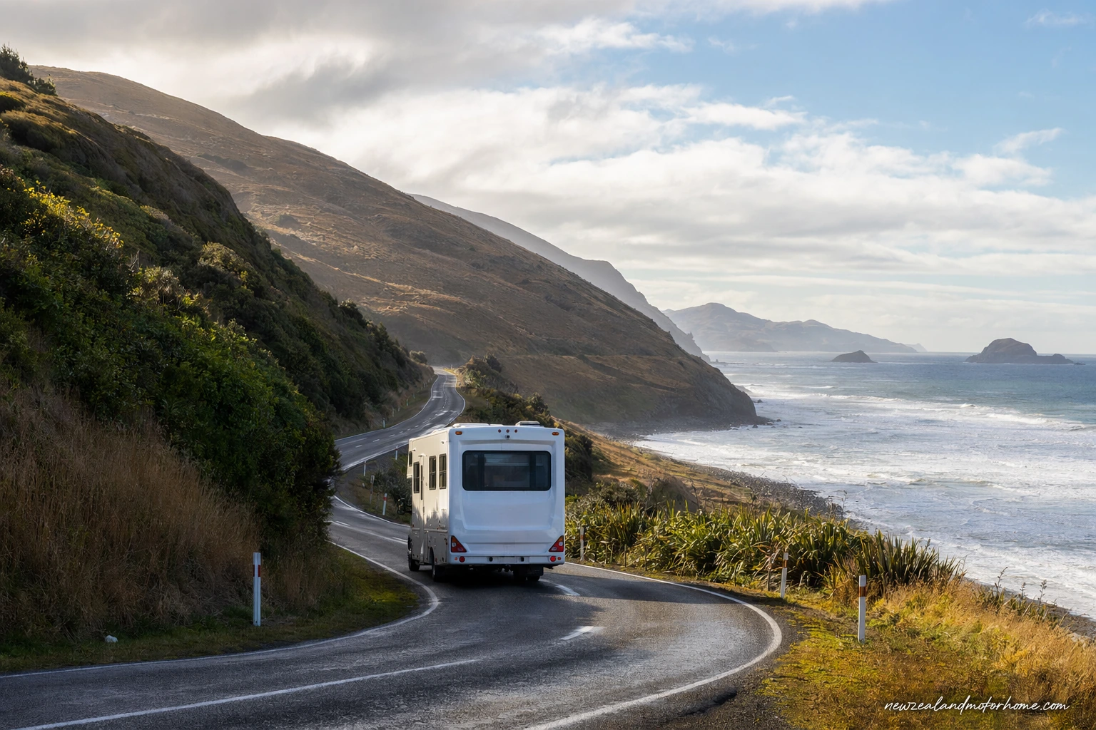 Campervan parked near the Kaikōura coast on the Dunedin to Palmerston North route