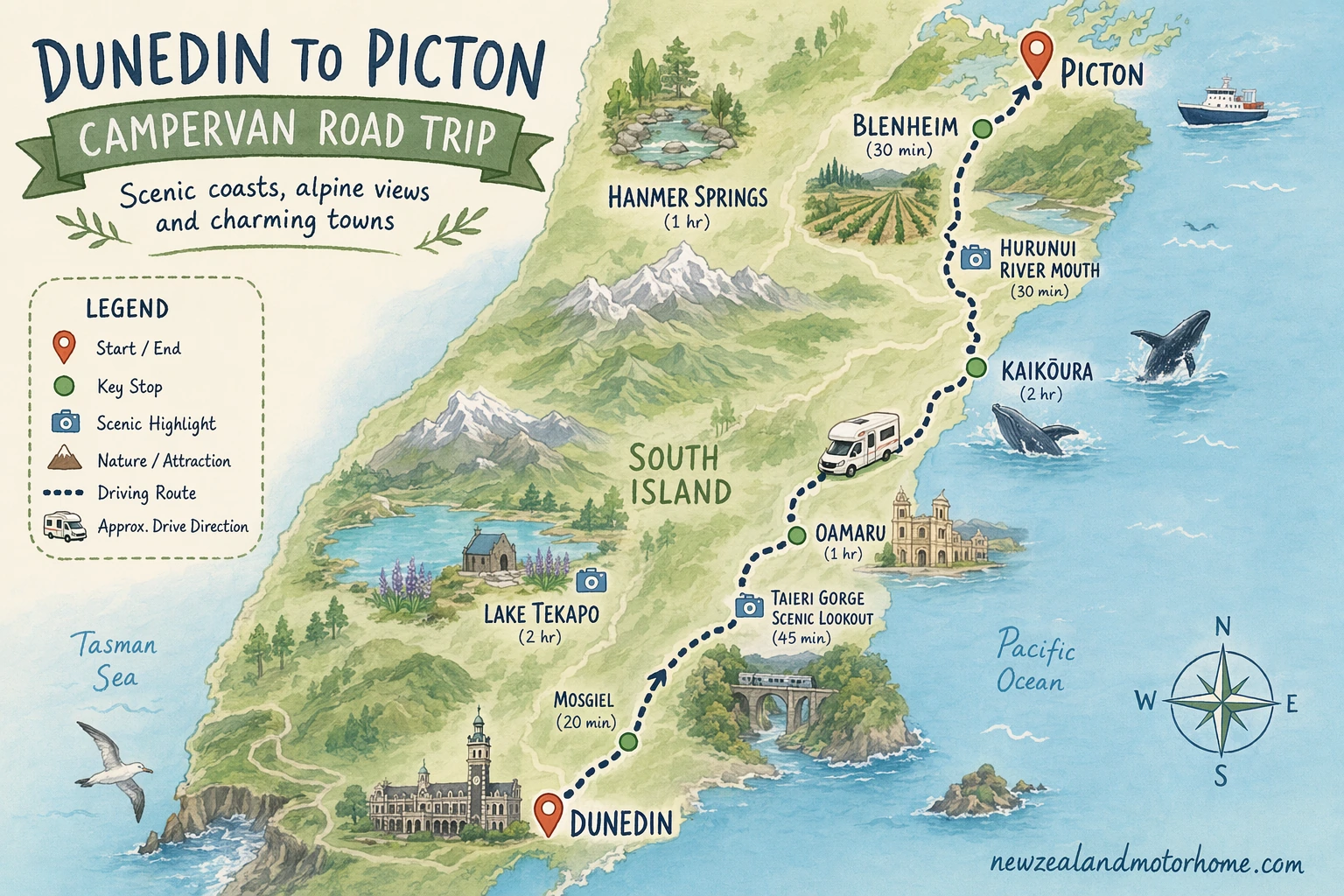 Illustrated campervan map — dunedin to picton campervan