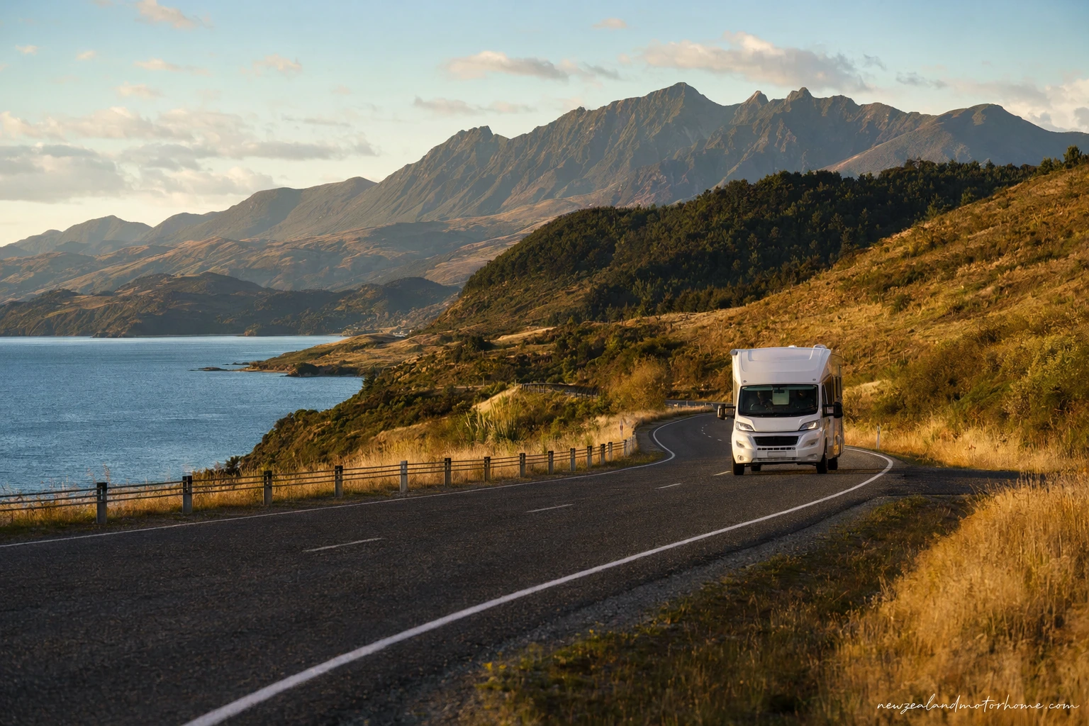 Campervan parked above Picton harbour after the drive north from Dunedin