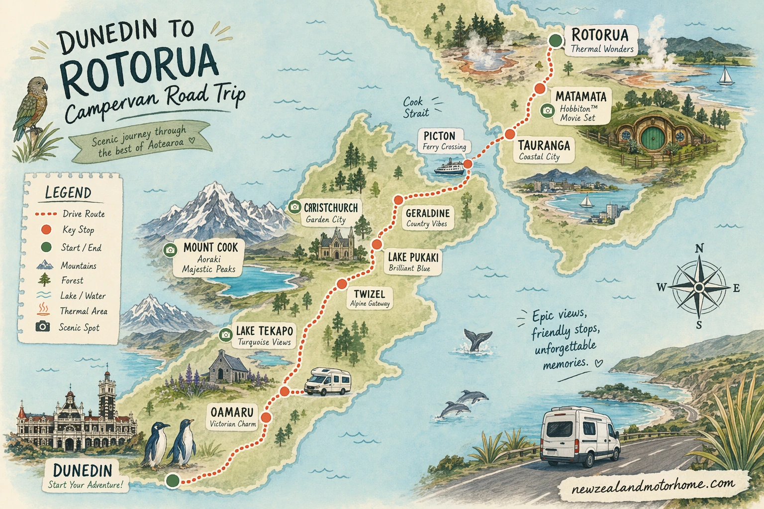 Illustrated campervan map — dunedin to rotorua campervan