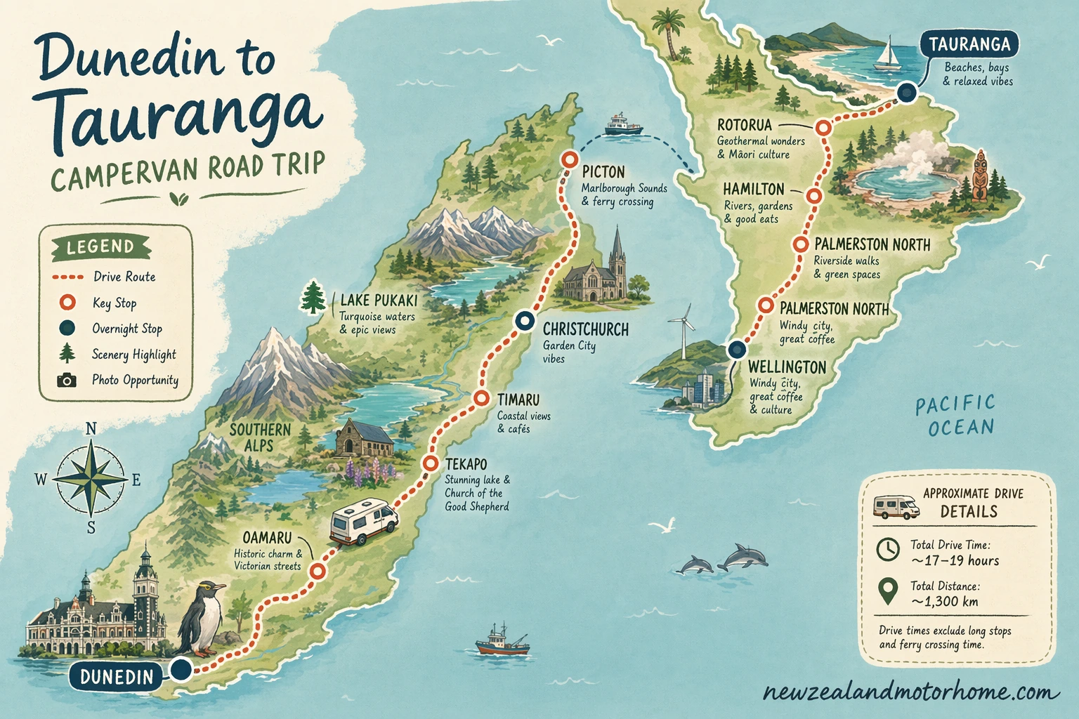 Illustrated campervan map — dunedin to tauranga campervan